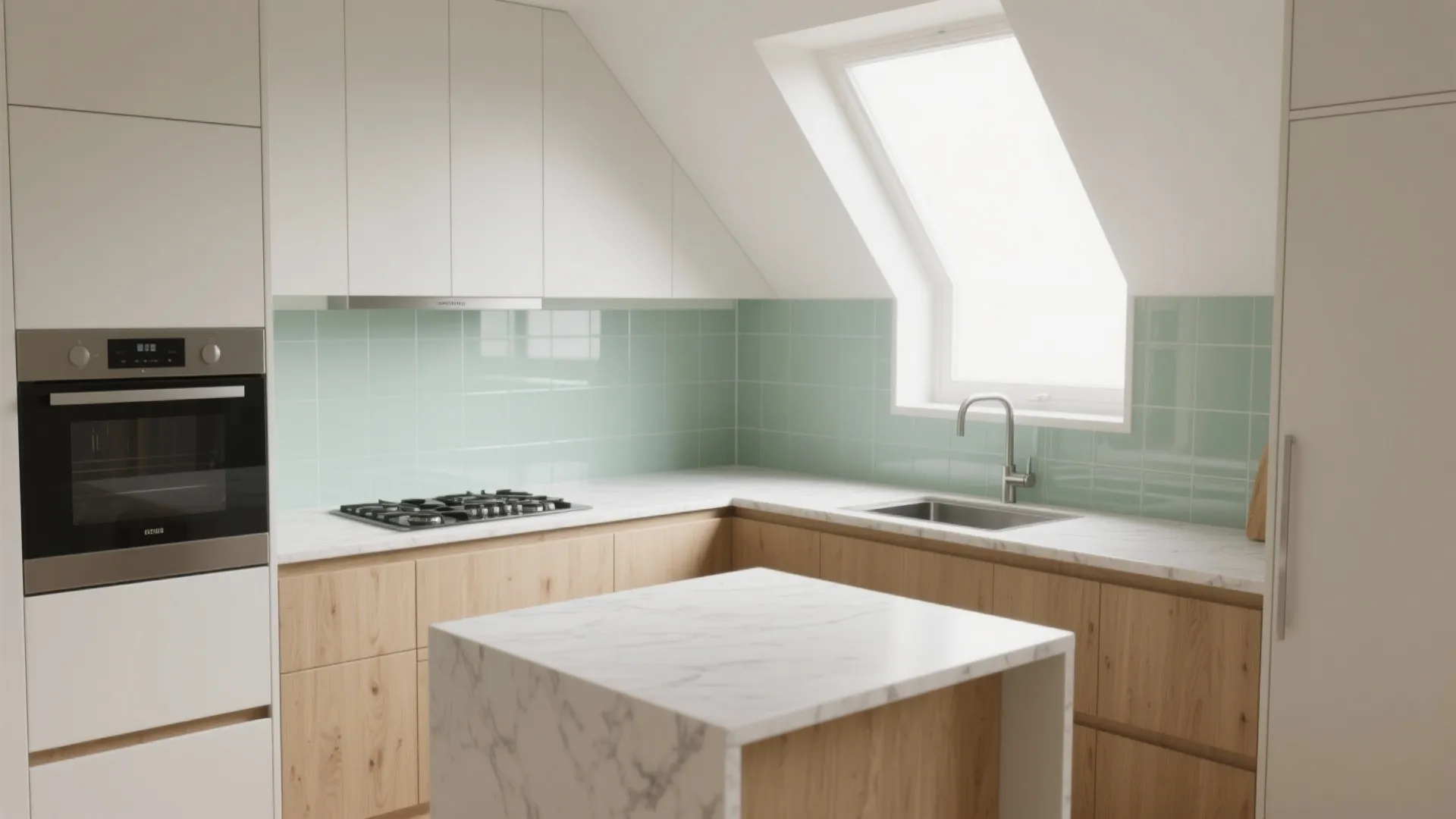 Modern kitchen with white cabinets light wood lower units mint green wall tiles and roof window