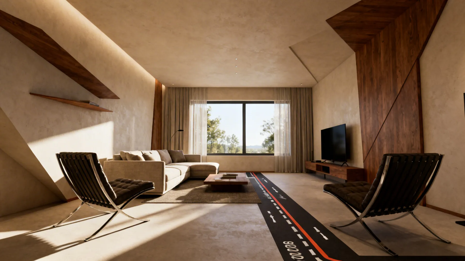 Living room with sofa on longest wall and two chairs angled toward the sofa, enhancing sightlines