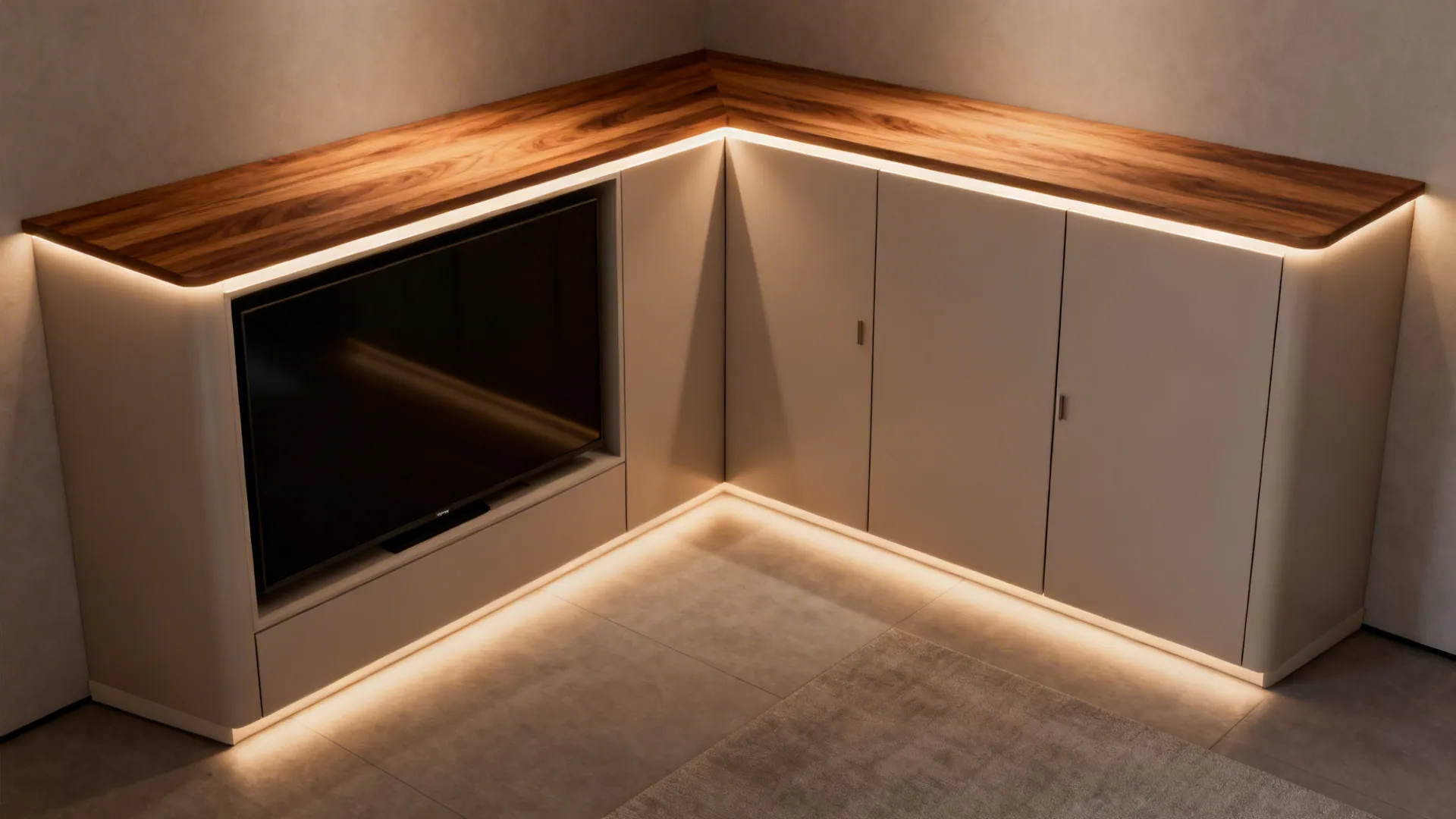 Corner built-in alcove with an angled cabinet and recessed TV, custom carpentry and concealed storage.