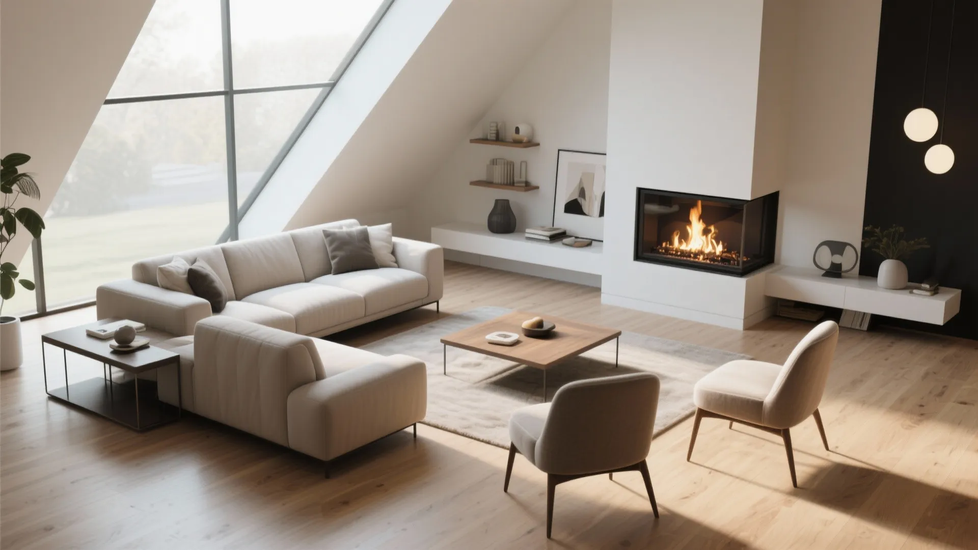 Modern attic living room featuring beige sofa fireplace two chairs wooden floor and large windows