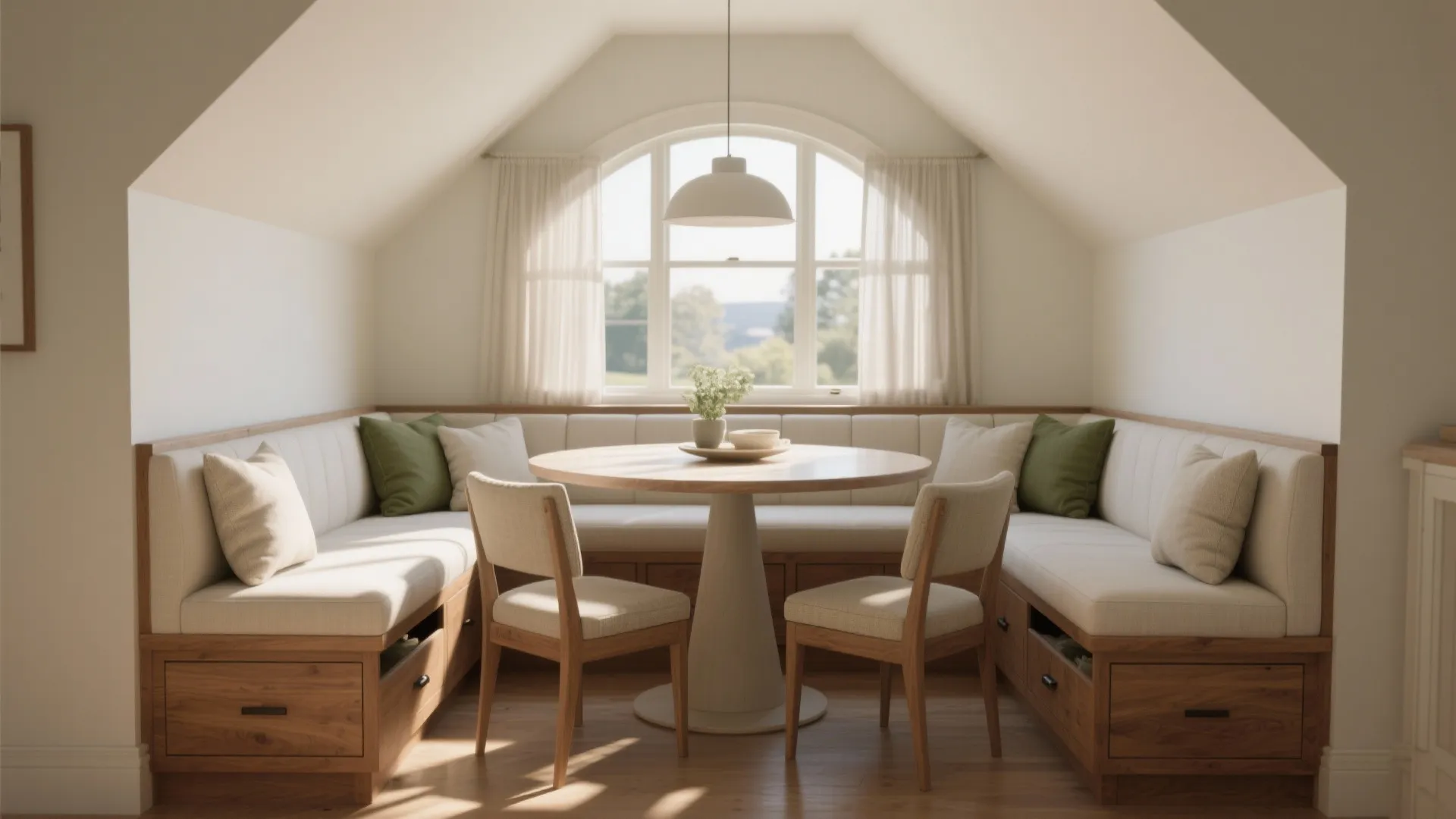 Built-in banquette wraps an angled bay window with drawers under seats and a compact round dining table in warm daylight.