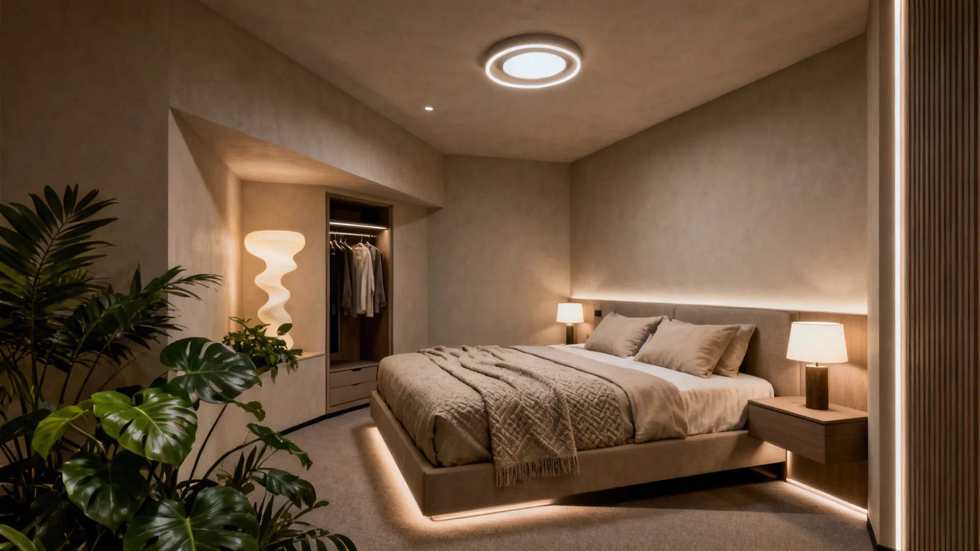 Small bedroom with a double bed angled into an alcove creating extra circulation space