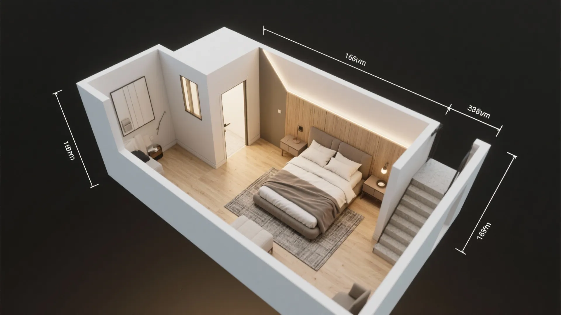 Interior design drawing of modern bedroom showing grey bed, wooden floor, and room measurement white lines