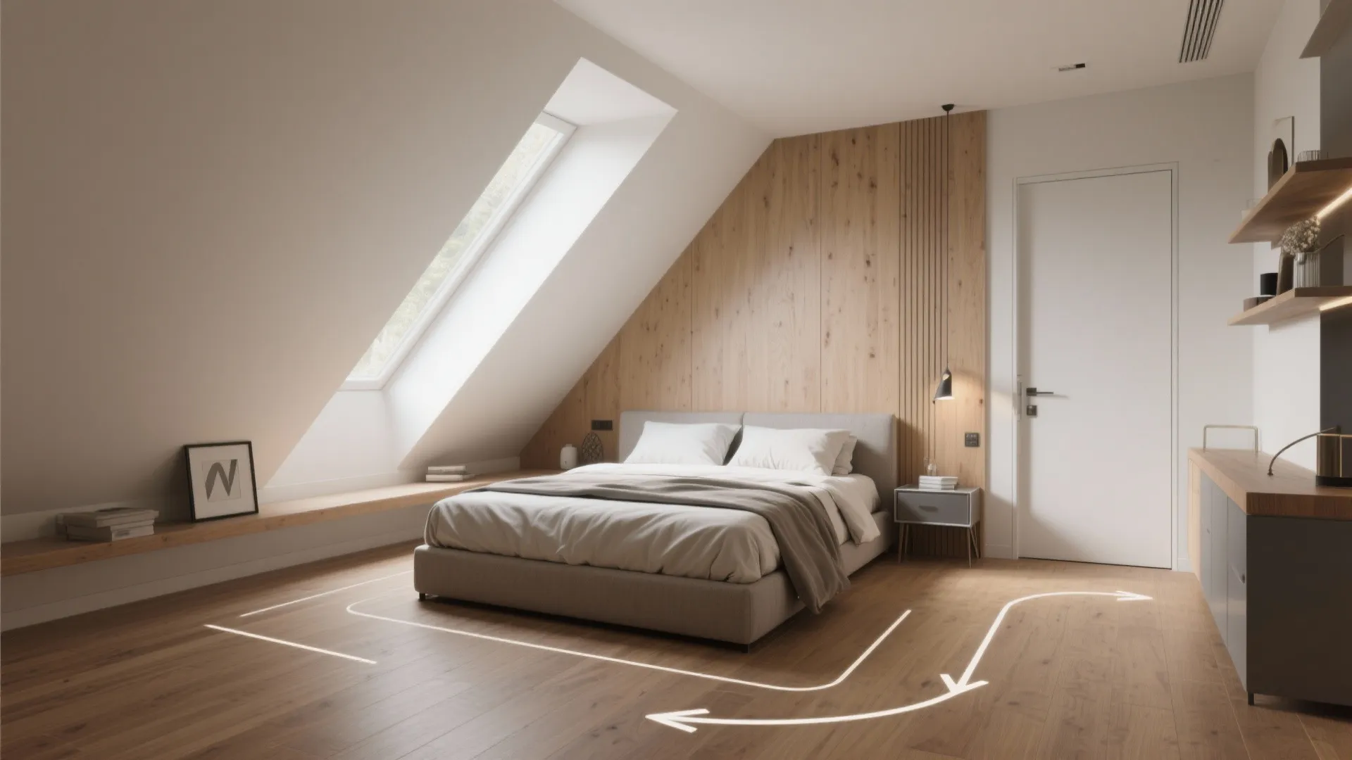 Modern attic bedroom featuring sloped roof window wooden wall panel grey bed and white door