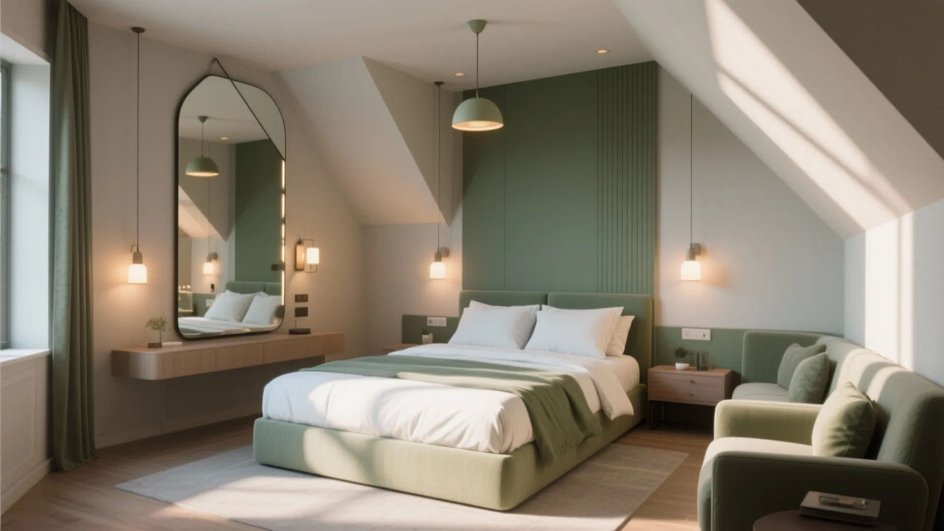 Green and white attic bedroom with sloped walls, a large mirror, and multiple light fixtures