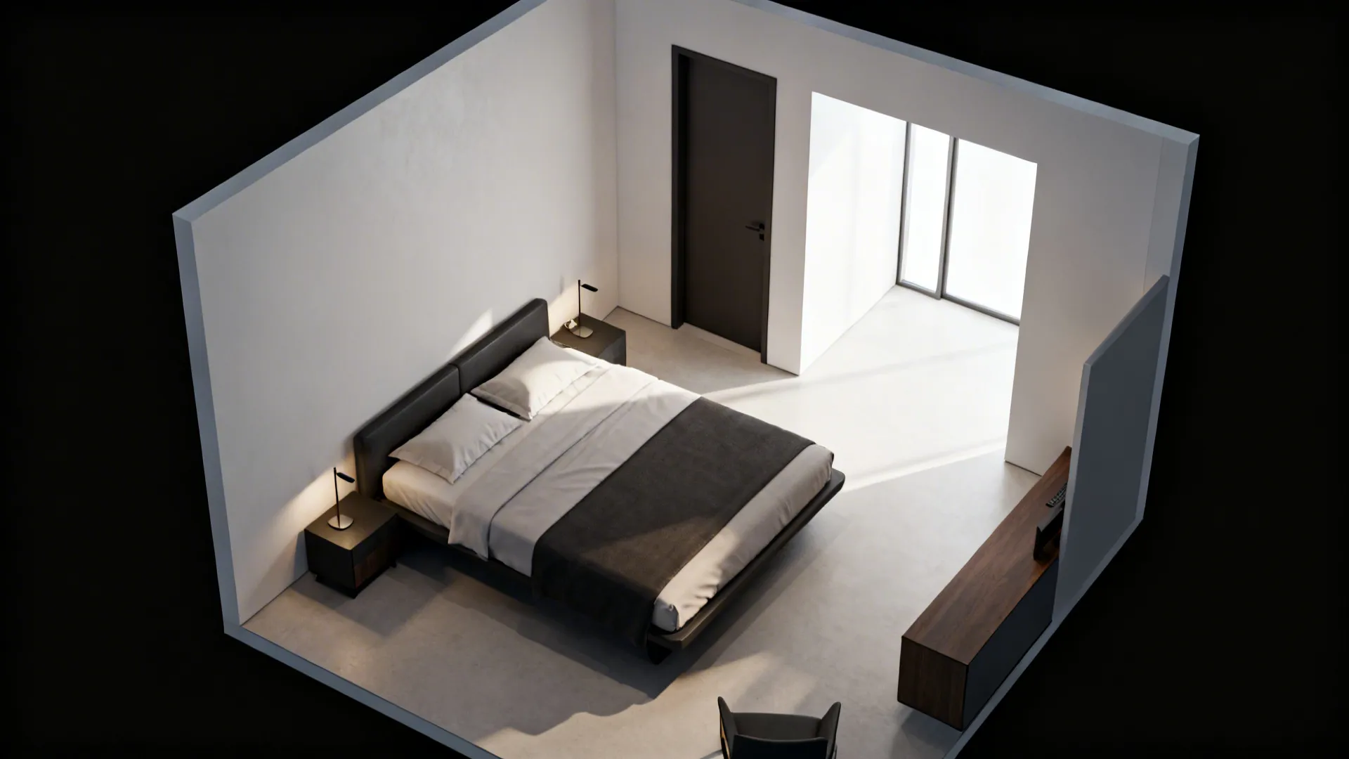 Top-down view of a compact bedroom with a king bed angled toward a corner and a pocket door improving circulation