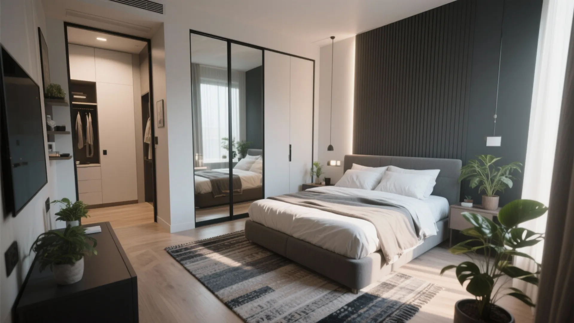 Cozy grey bed featuring dark wall panel, mirrored wardrobe, indoor plants, and patterned floor rug