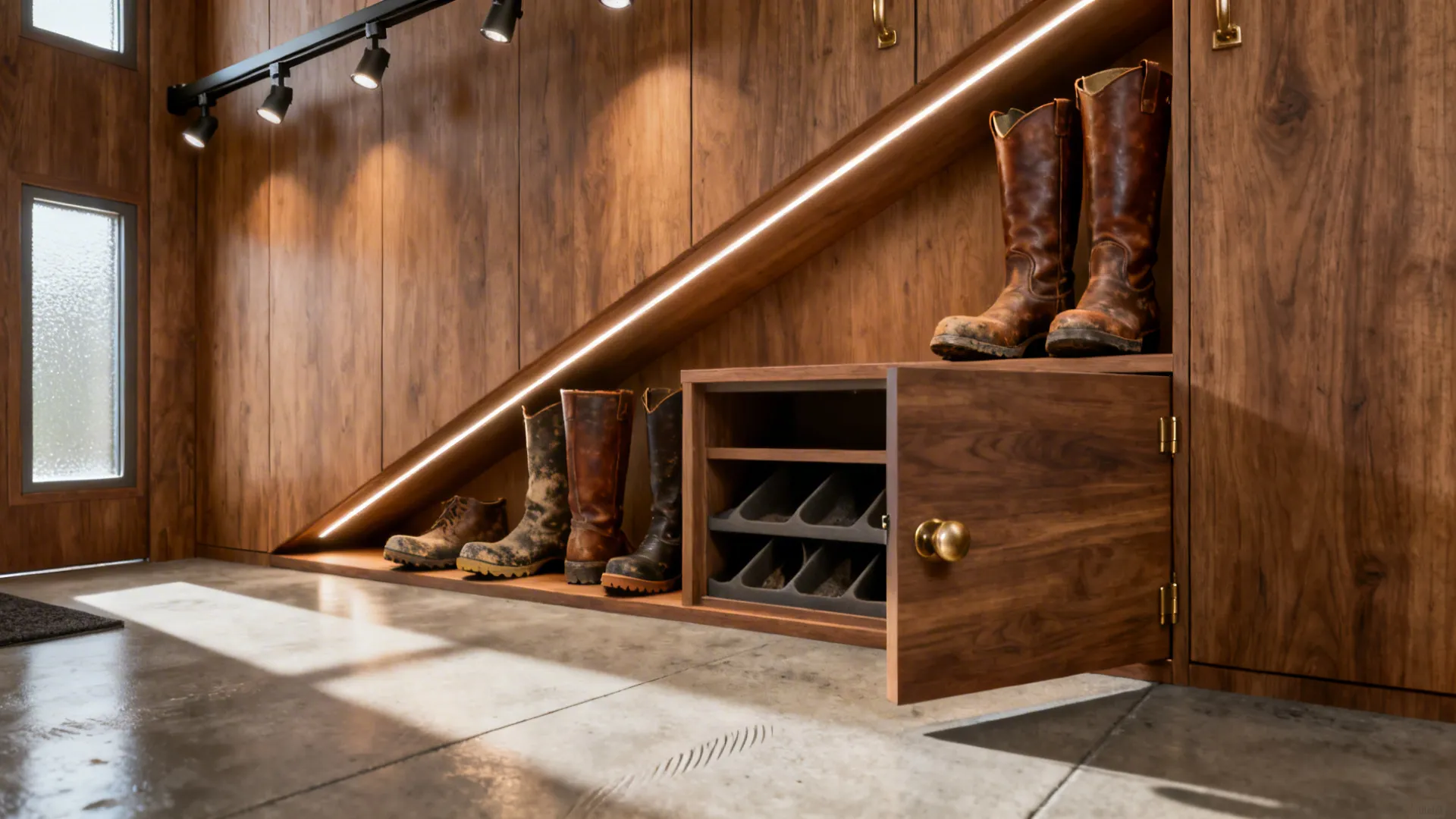 Recessed angled shelving niche holding tall boots upright in a mudroom-style entry.
