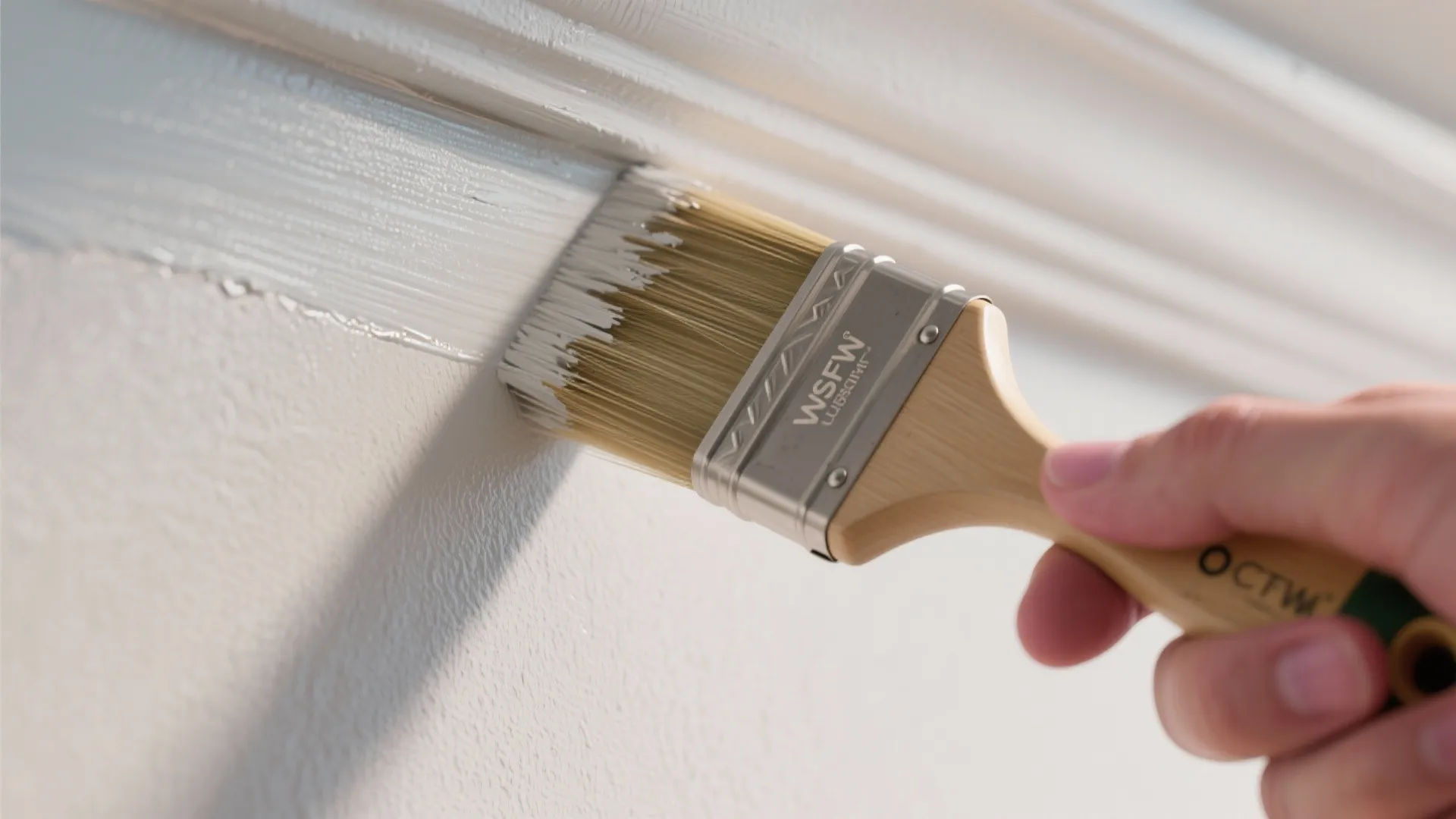 A hand painting a straight white line on a wall using a professional paint brush