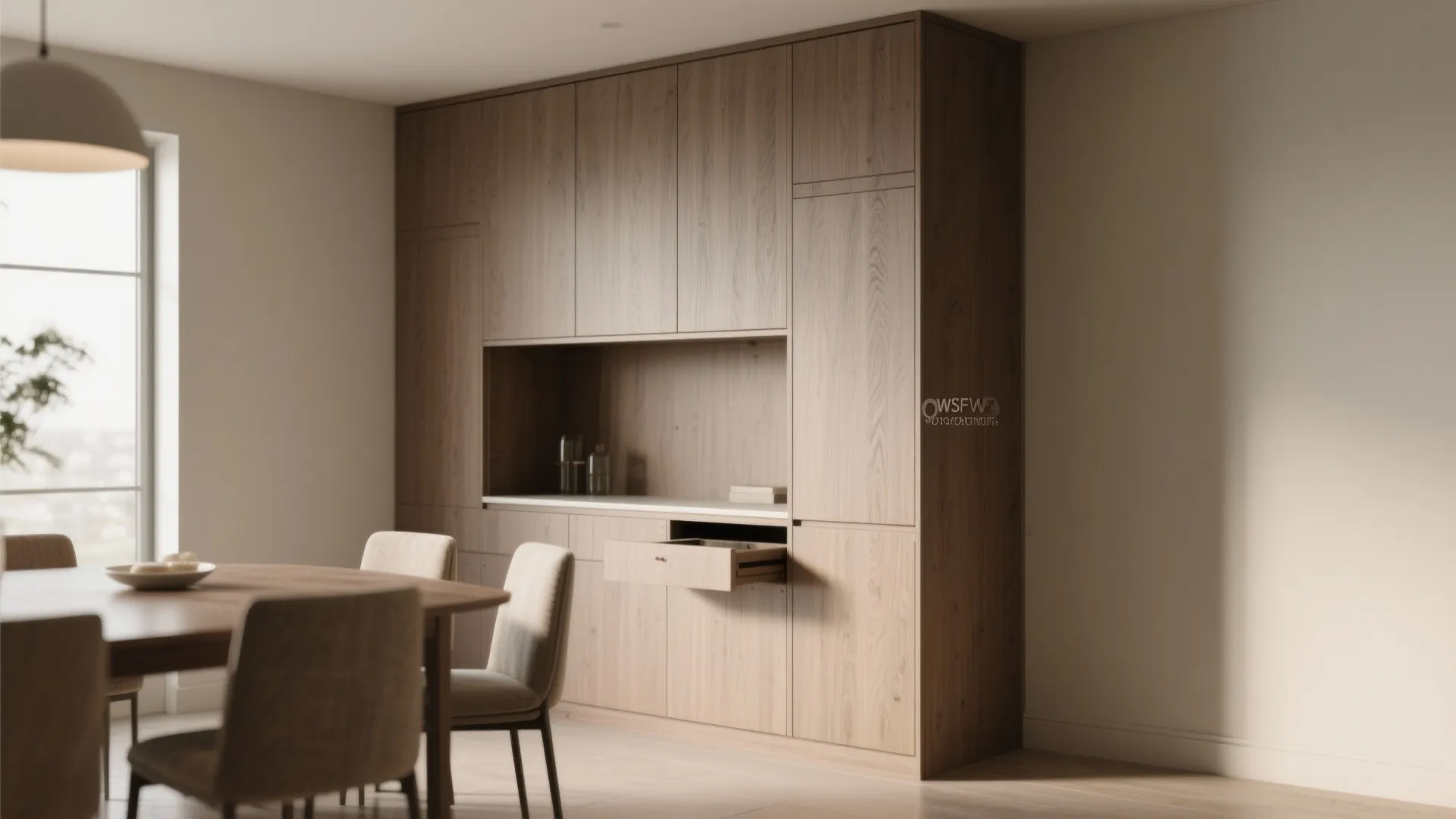 Angled built-in corner cabinet with flush carpentry and warm wood finish in a dining room.