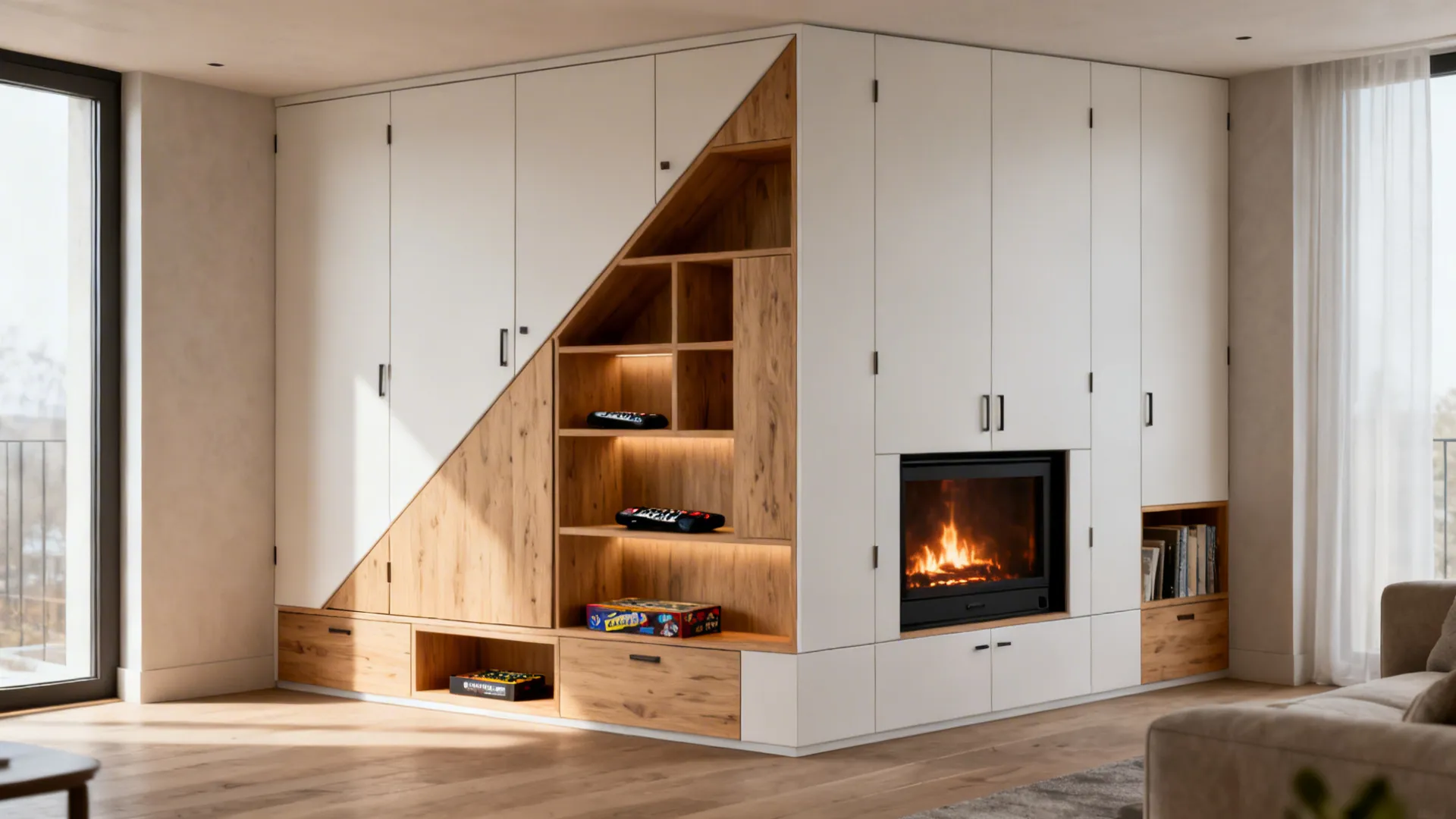 Corner built-in angled cabinet with integrated fireplace and hidden storage in a small living room