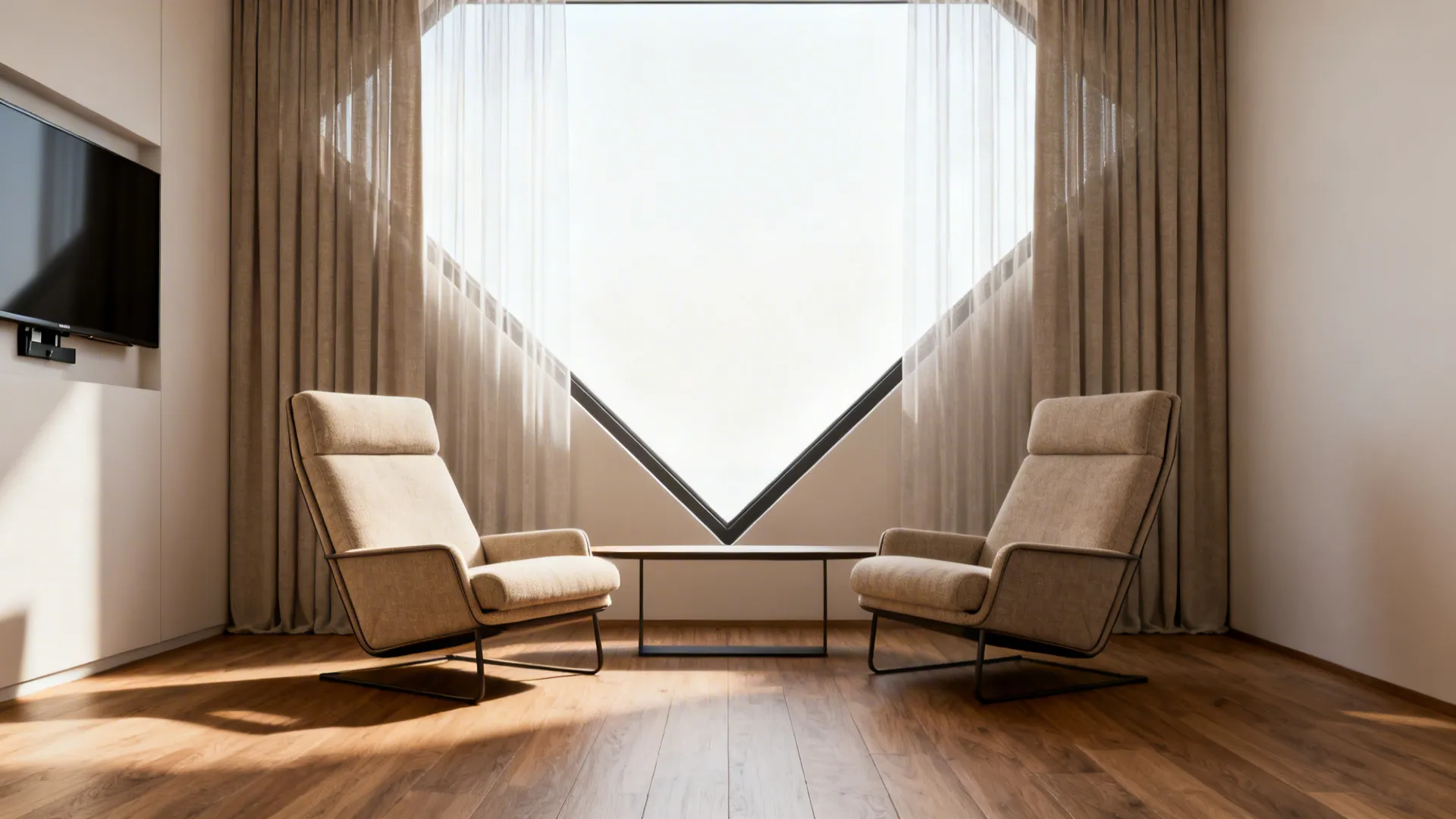 Two compact recliners angled toward a window with a narrow floating side table between them