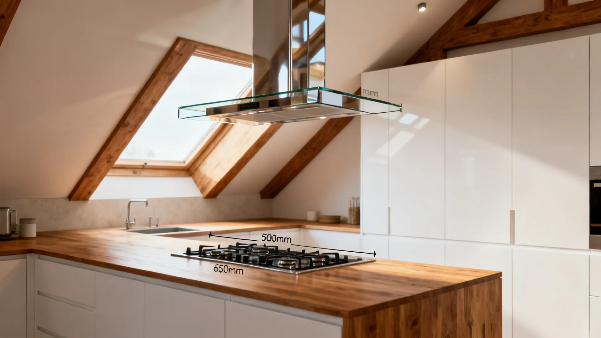 Angled glass chimney hood fitted to a sloped ceiling with custom height.