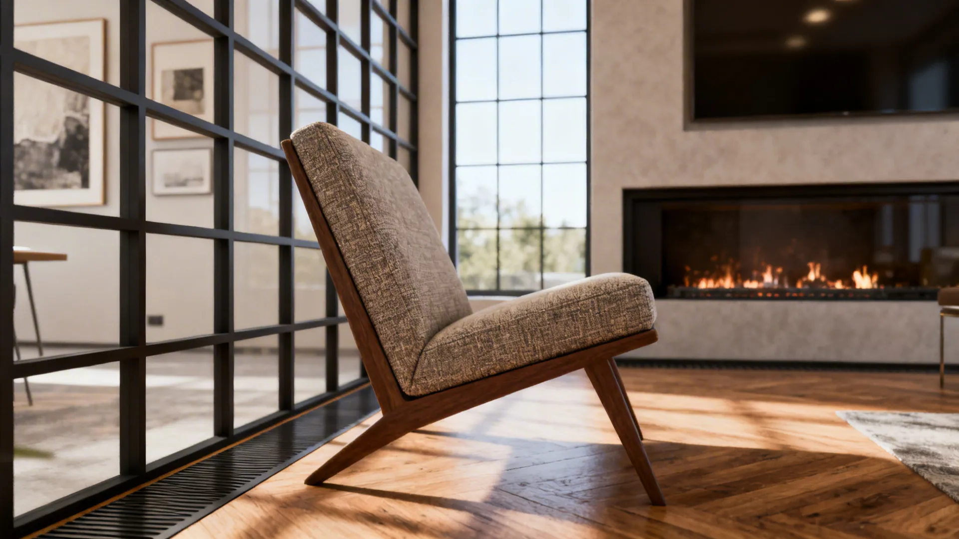 Angled accent chair creating layered sightlines toward a fireplace and window.