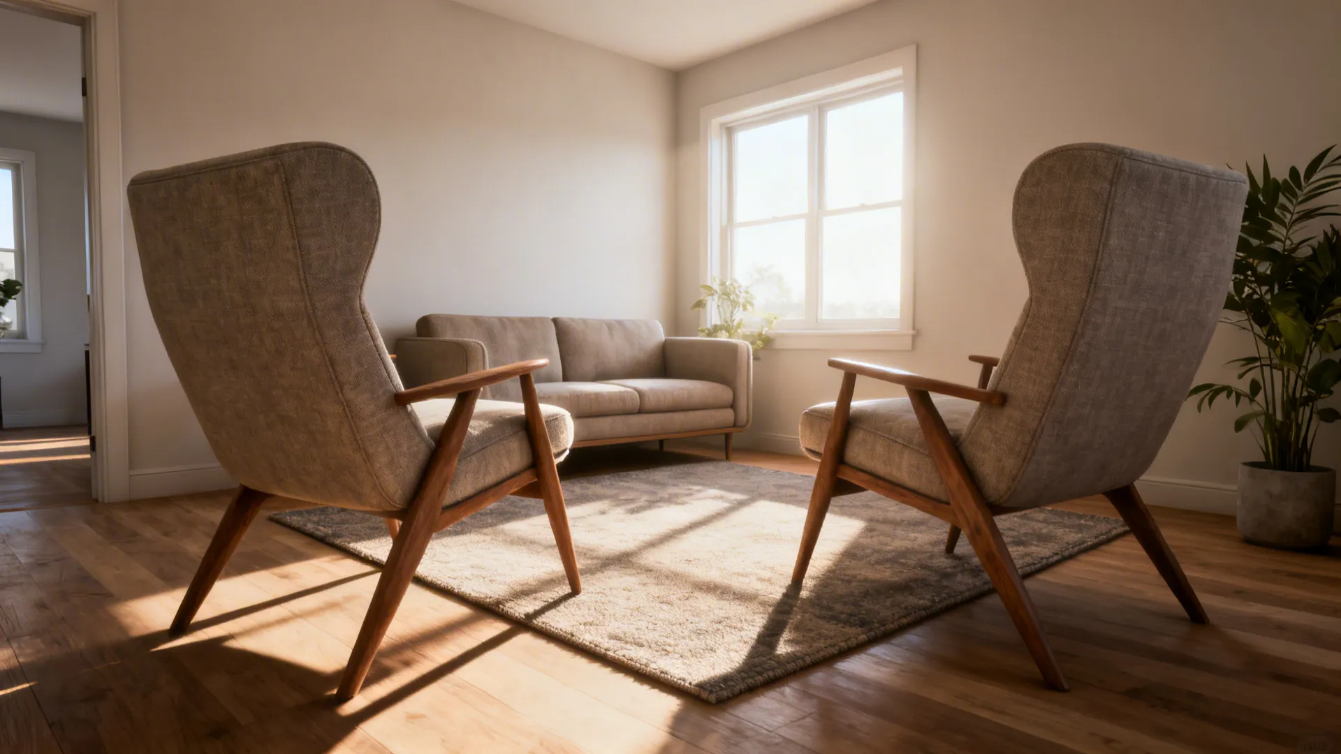 Small living room with chairs angled inward creating an airy corner and a triangular conversation area.