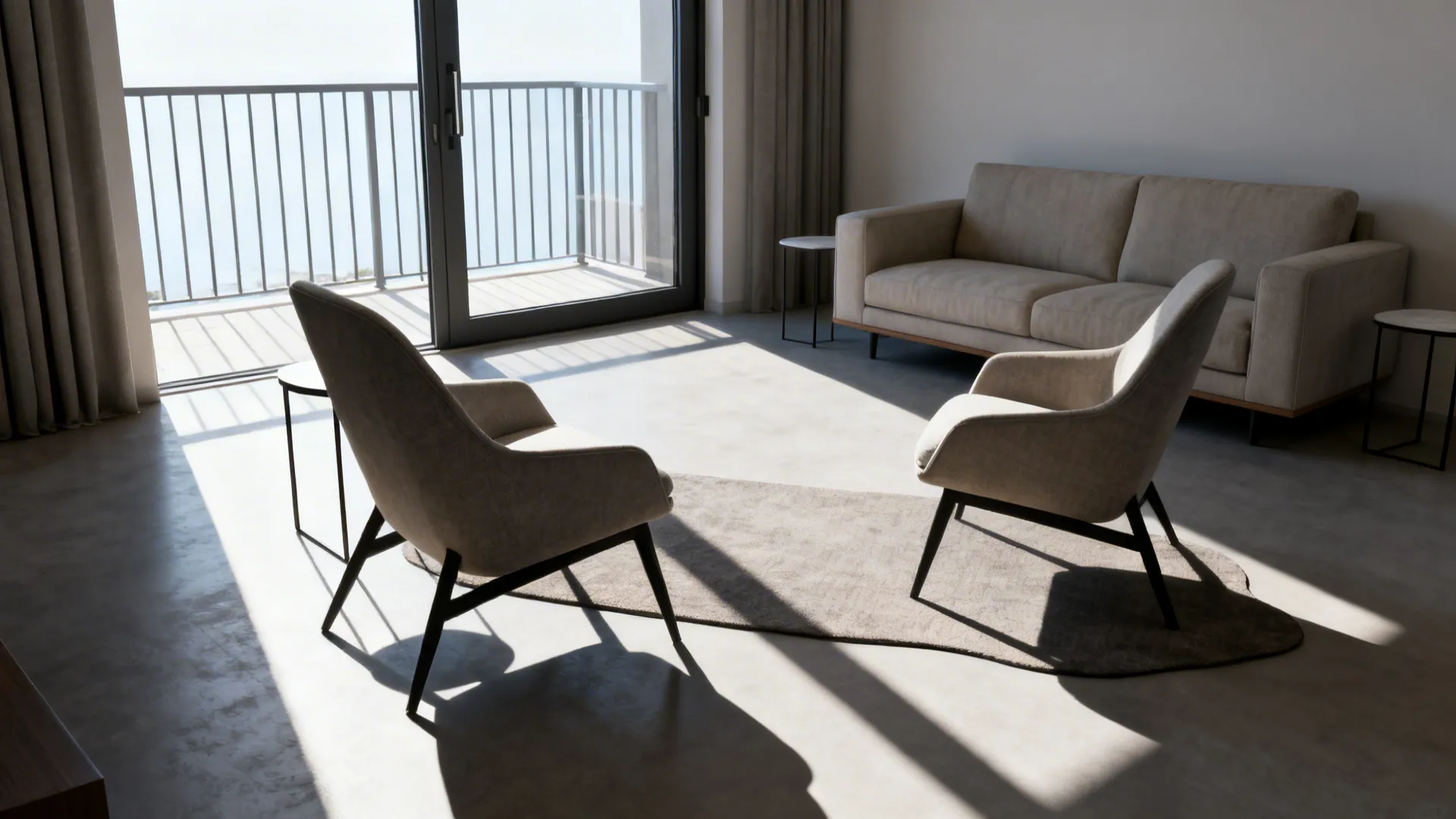 Modern living room featuring beige sofa two chairs side tables and glass balcony sliding door