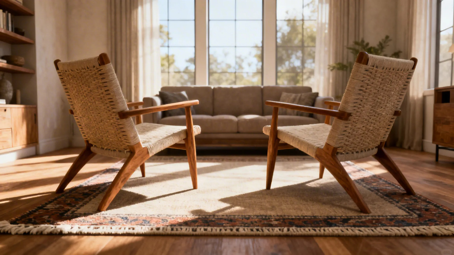 Living room with chairs angled toward the couch to create an intimate dynamic flow and clear traffic paths.