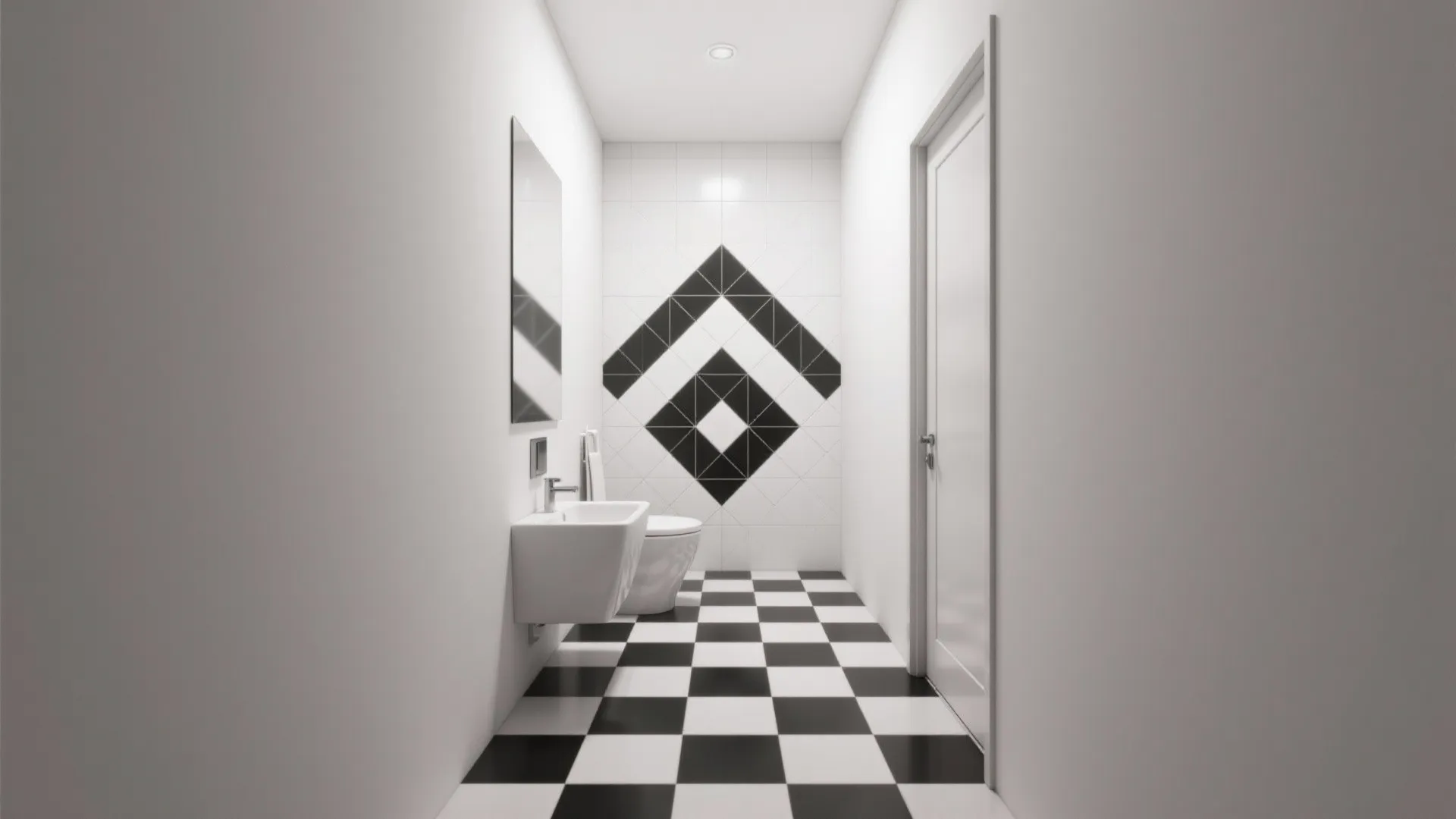 Narrow modern bathroom with black and white floor tiles and a geometric pattern on the wall