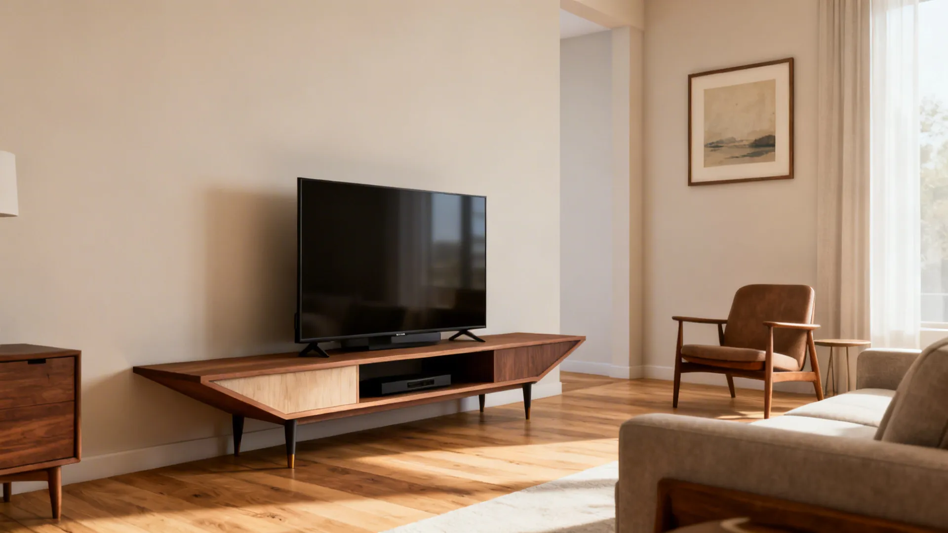 1. Angled media console to soften the corner