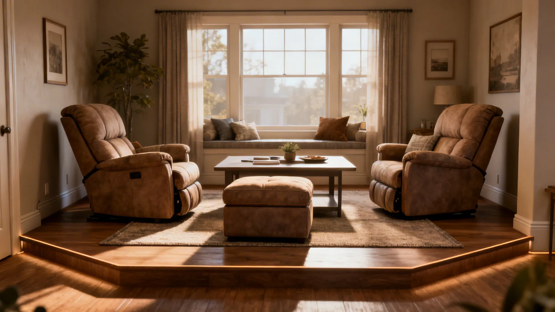 Two recliners angled toward each other around a low coffee table and rug in a small living room