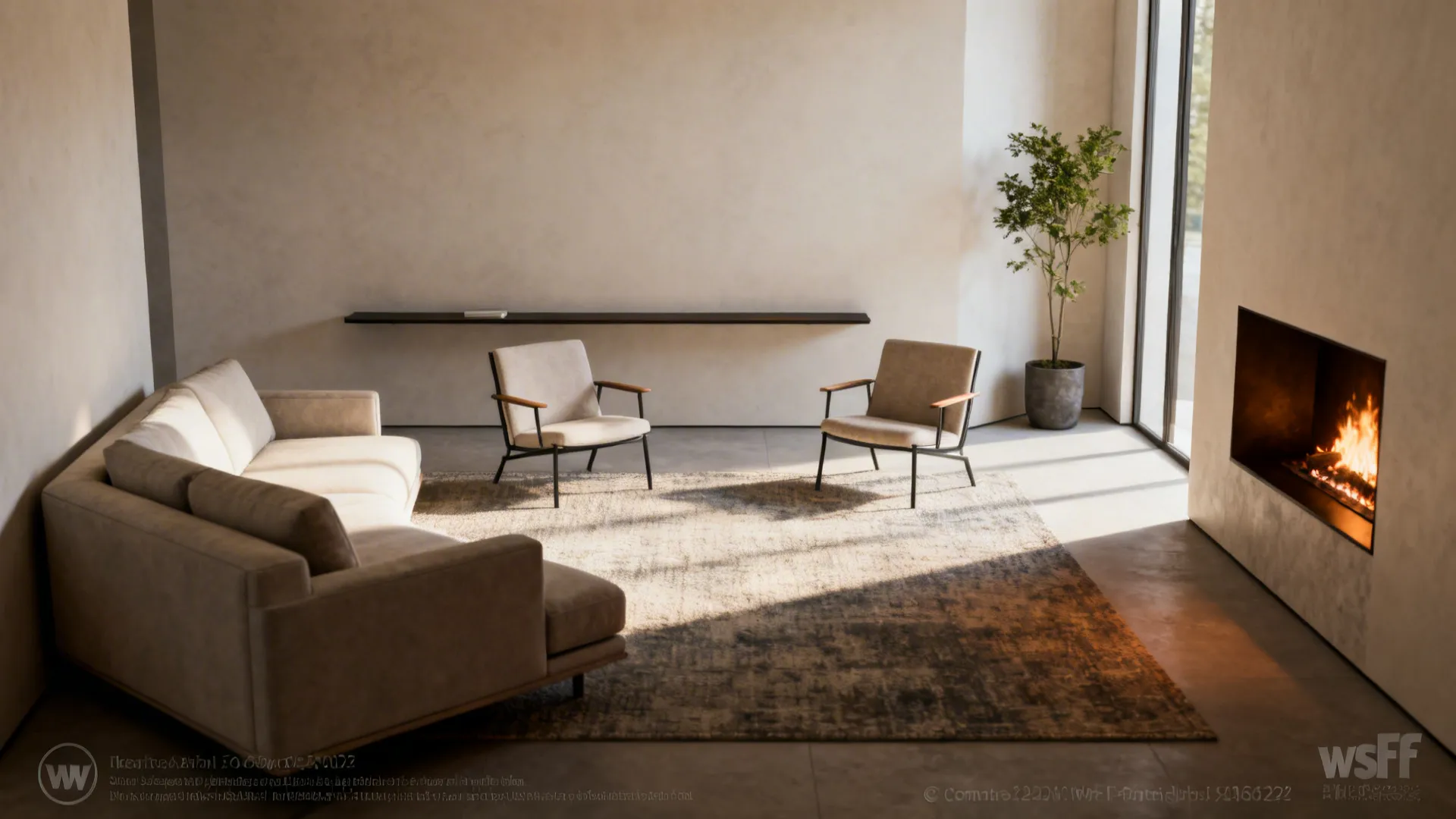 Angled sofa and chairs creating a conversation triangle around a corner fireplace