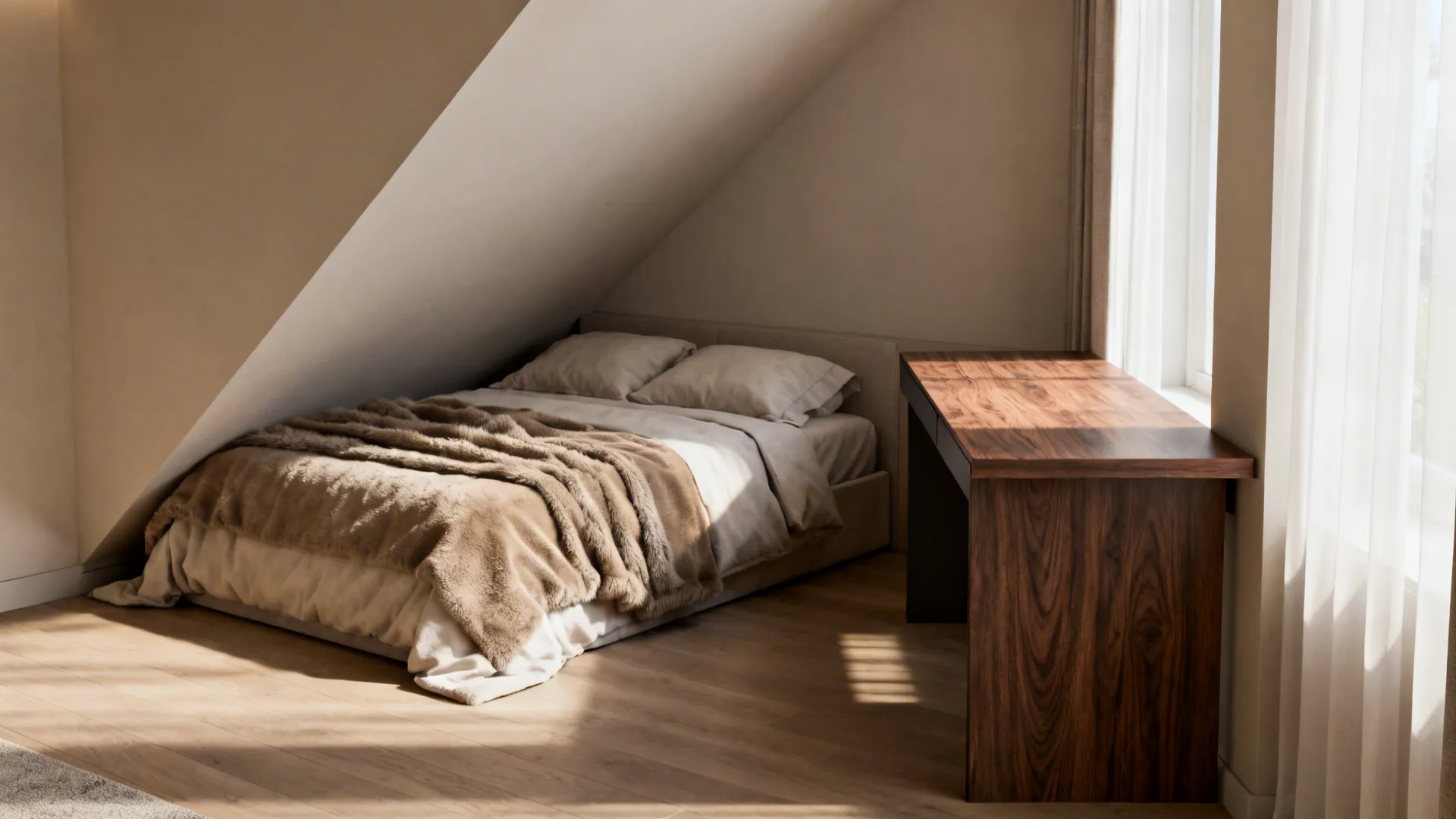Bed placed at a slight angle in a corner, forming a private sleeping nook with a small desk opposite