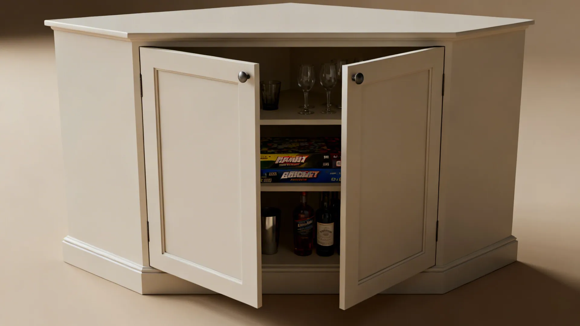 Cream corner storage cabinet with open doors showing wine glasses bottles and board games inside