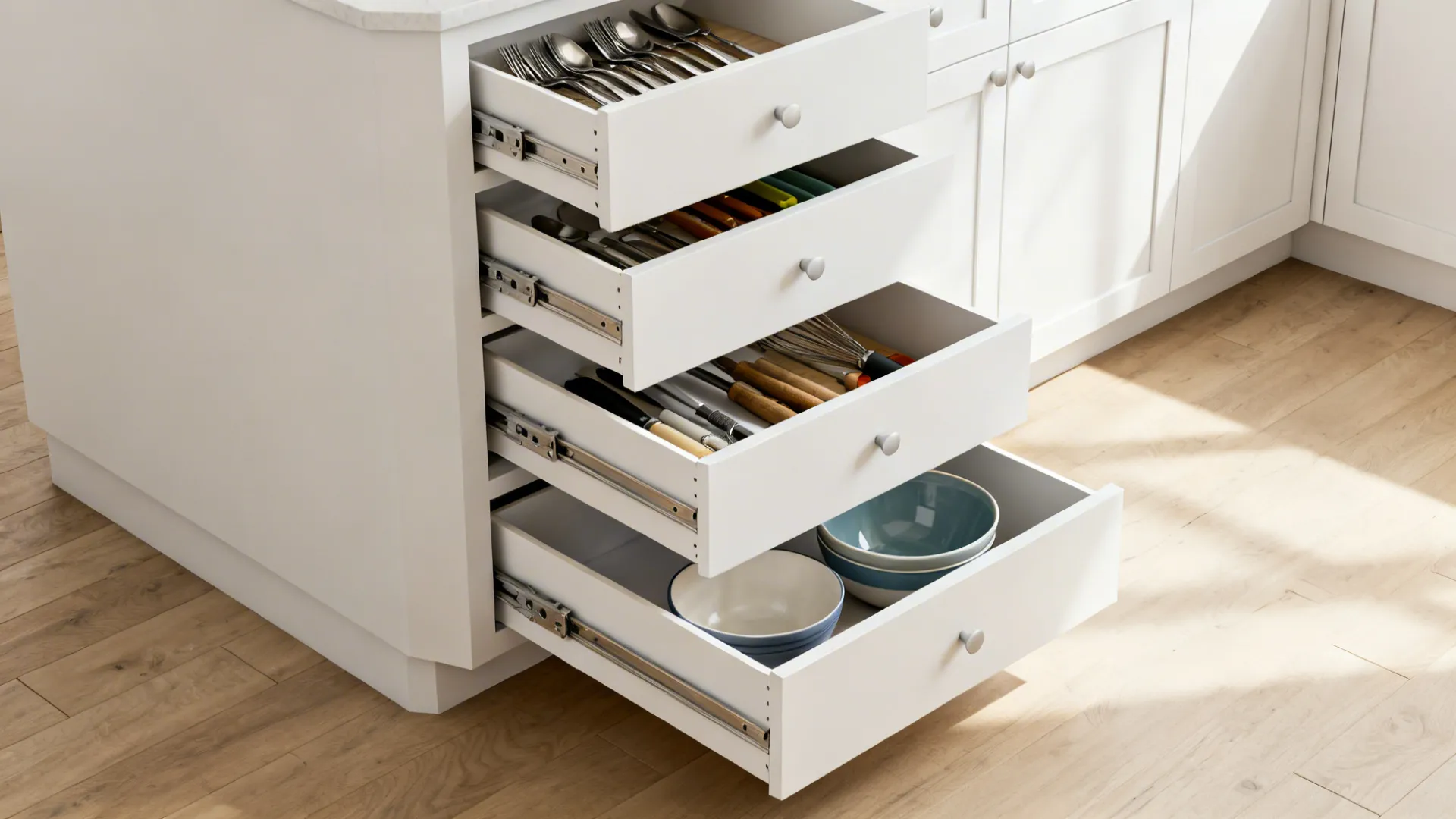 Three angled-front corner drawers open to show flatware, tools, and bowls in a modern kitchen cabinet.