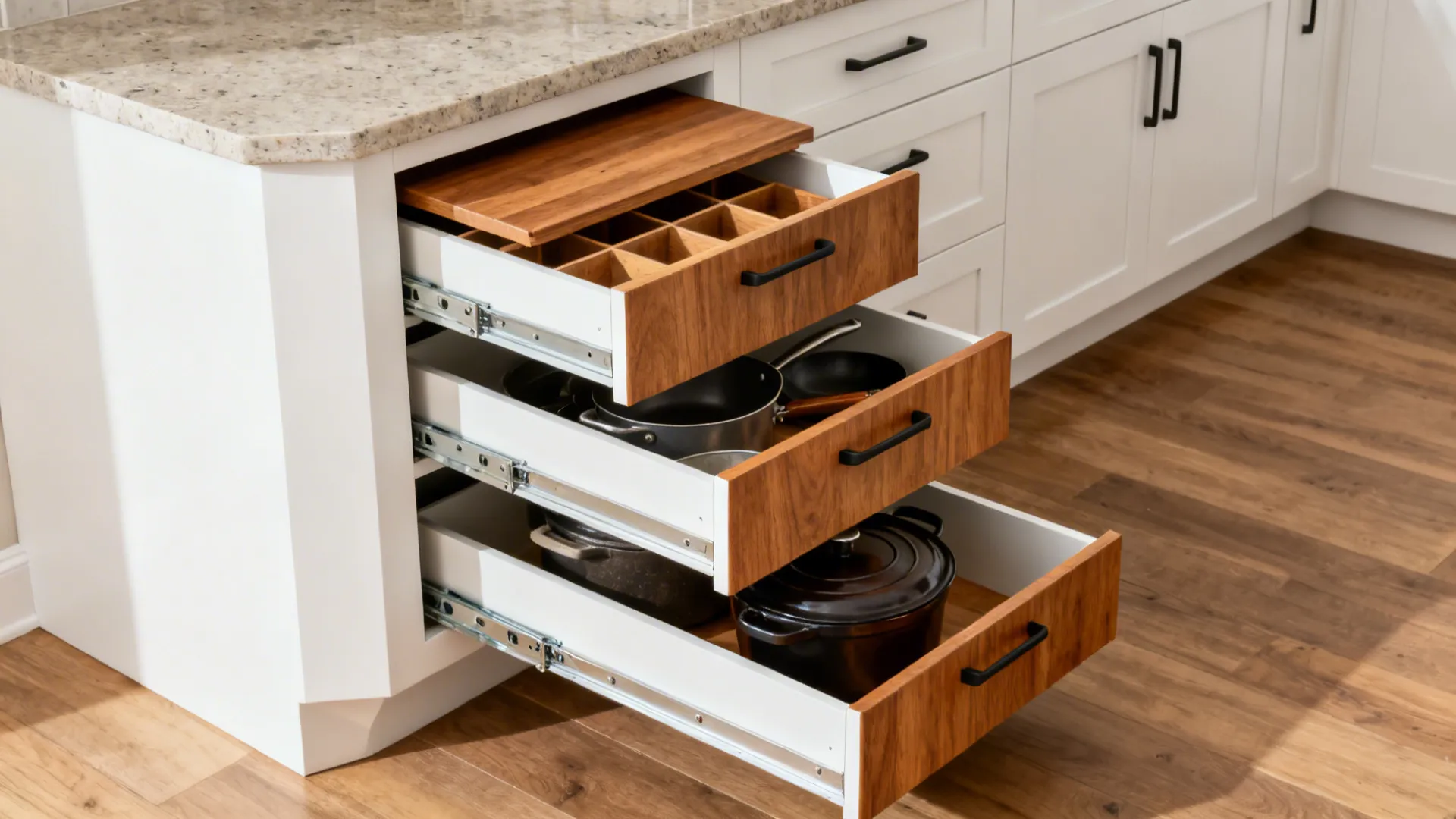 Angled corner drawer stack open to show lids, pans, and heavy cookware storage.