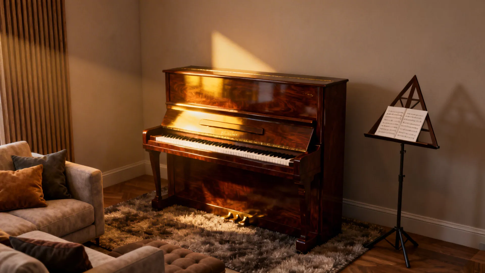 Angled upright piano in a corner with a triangular sheet-music shelf and warm lighting.