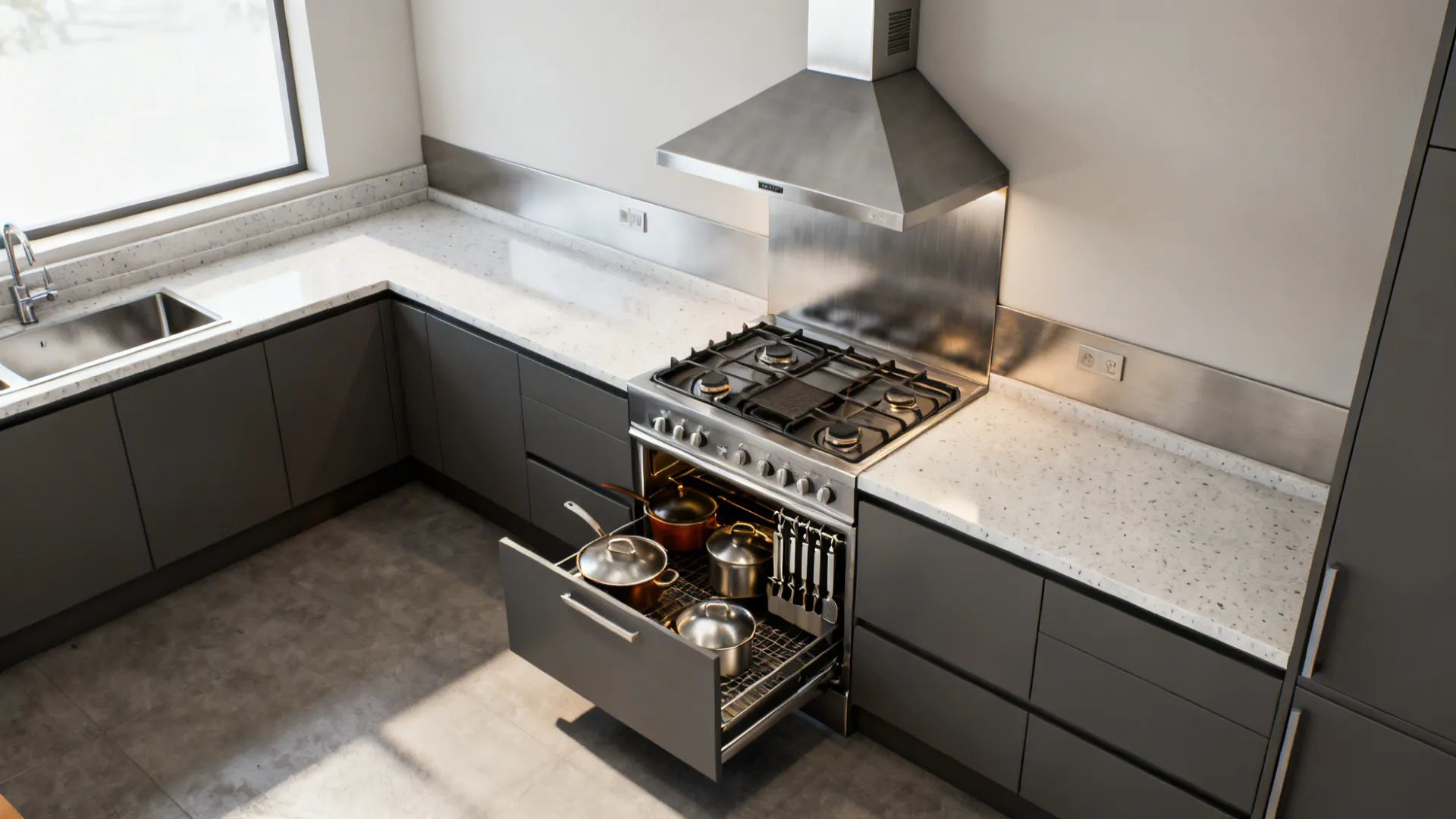 Modern kitchen with grey cabinets white stone countertop gas stove and open drawer with pots