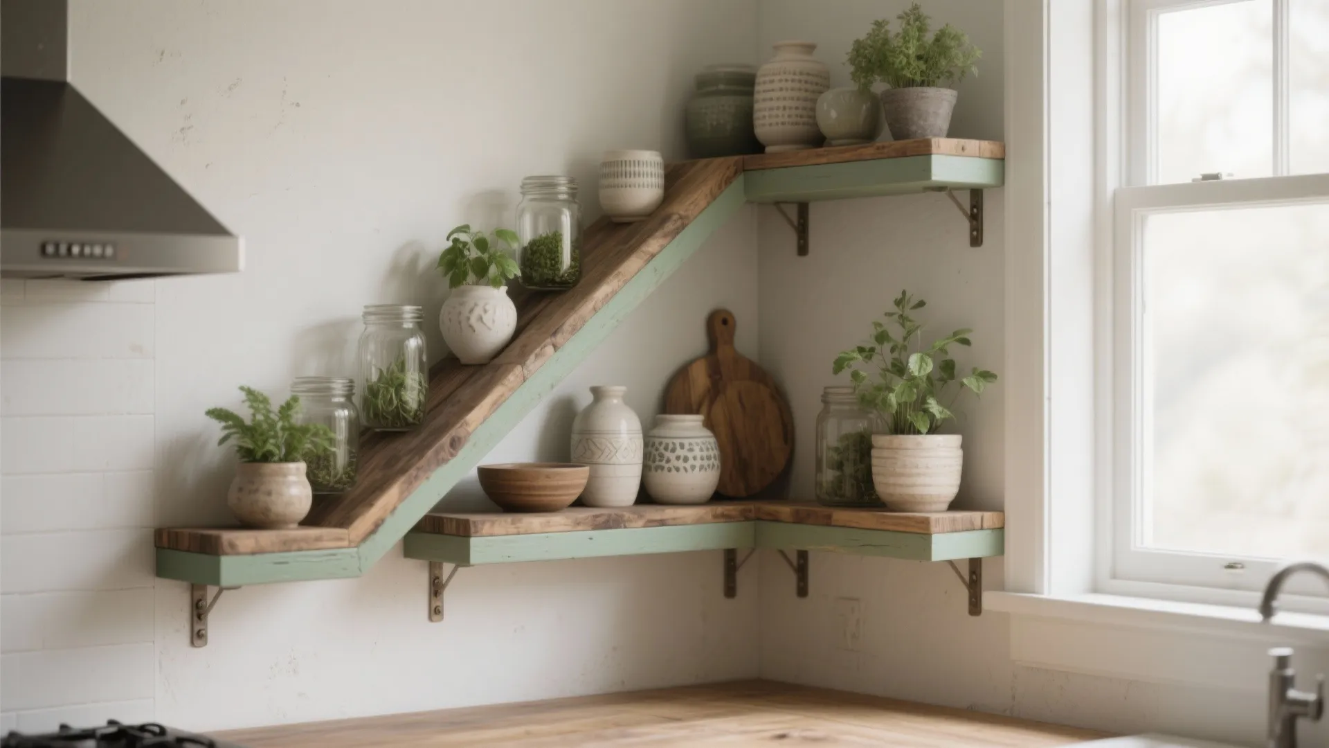 Modern kitchen corner wall shelves featuring wooden boards with light green accents and small potted plants