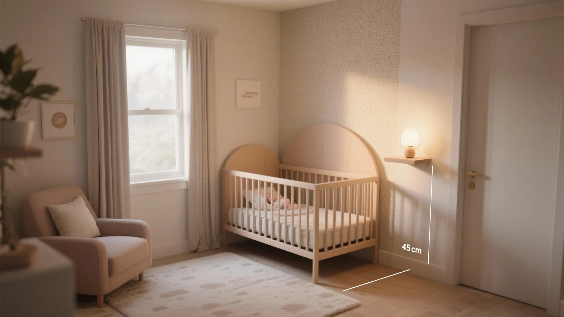 Nursery room showing a wooden bed next to a wall light with a height measurement