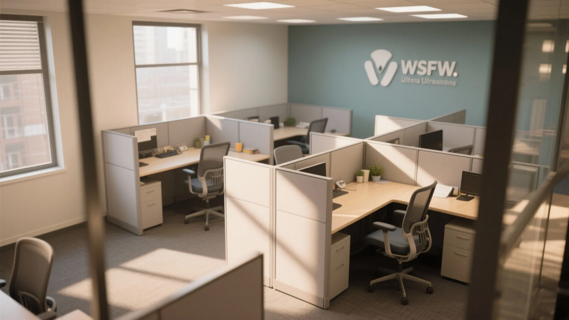 Modern office workspace with grey room dividers wooden desks rolling chairs and blue brand wall logo