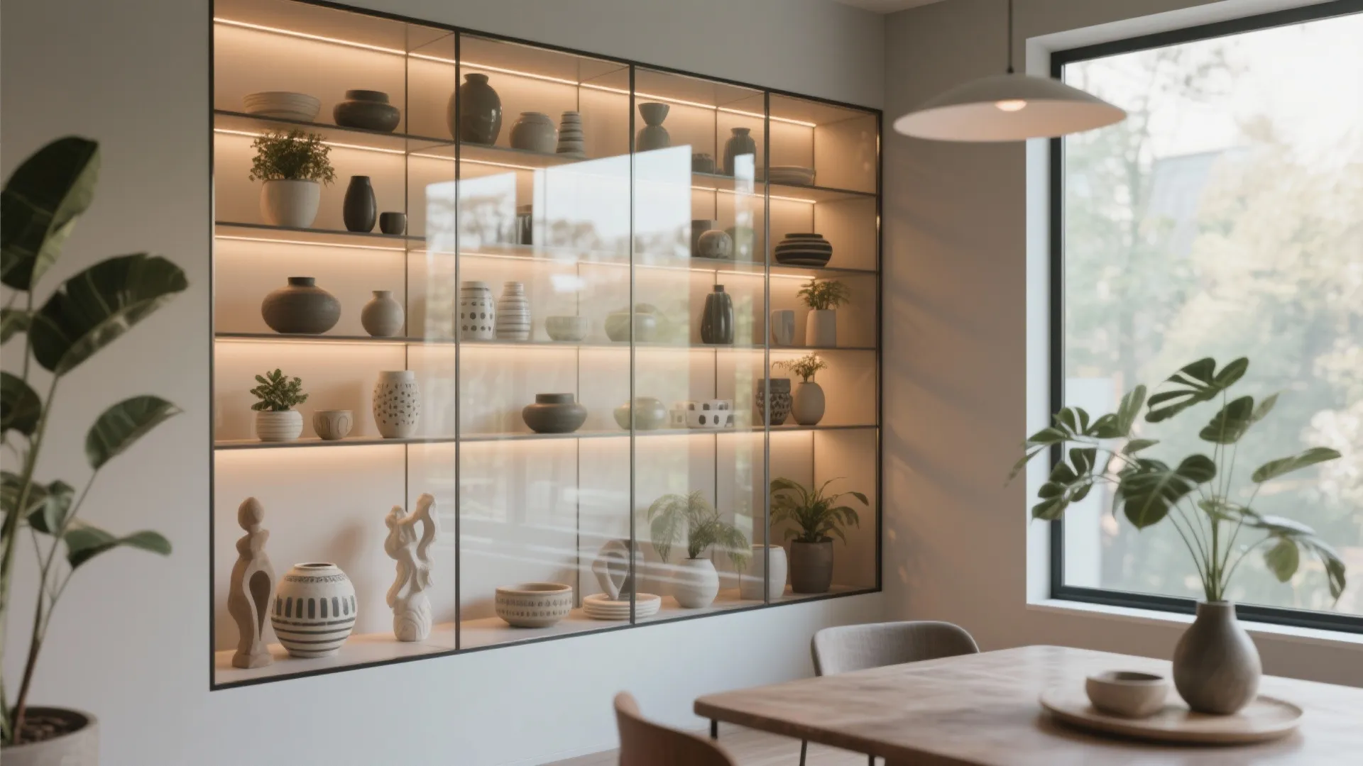 3. Glass-front display alcove with angled shelving