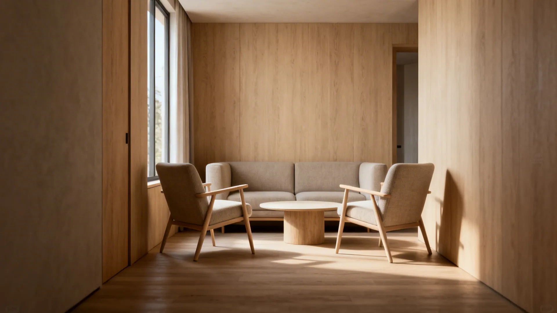 Small living room with two chairs angled toward a couch creating open walkways and a cozy chat zone.