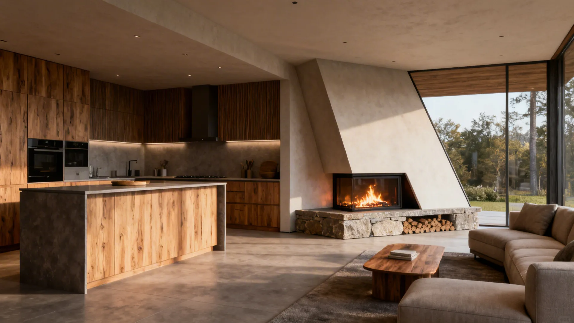 Angled corner fireplace between kitchen and living room that preserves traffic flow and sightlines.