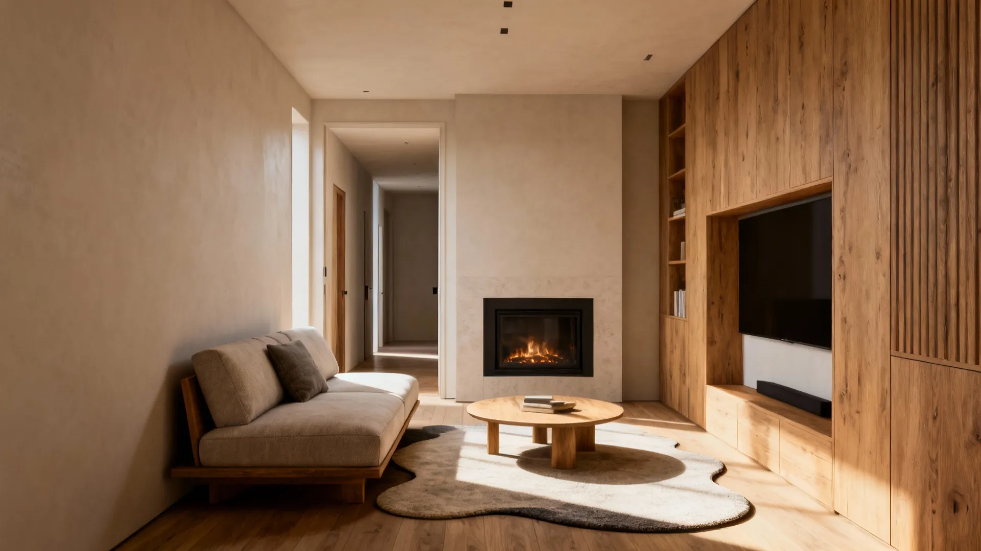 Minimalist living room with low sofa, round wood table, fireplace, and large wooden wall cabinet