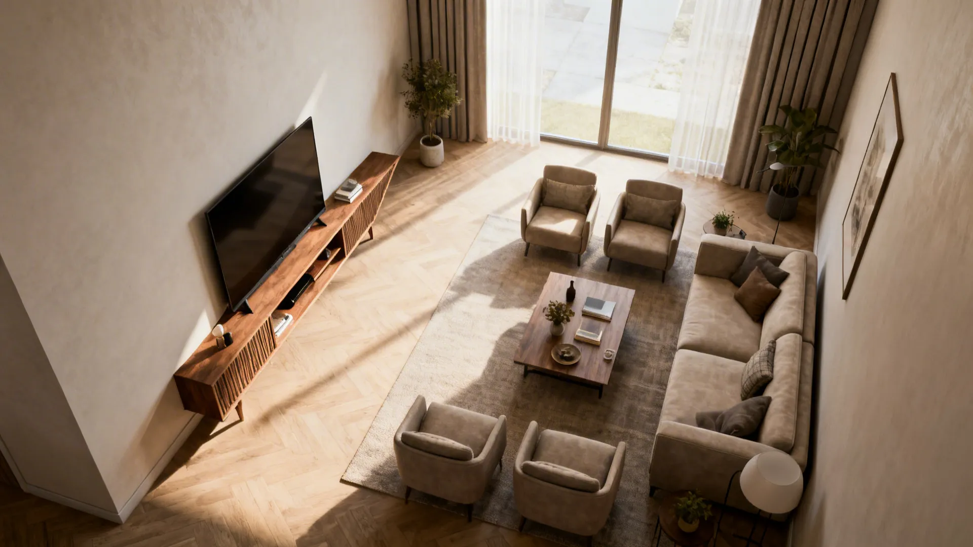 Top view of living room showing wood cabinet television beige sofa armchairs and wood pattern floor