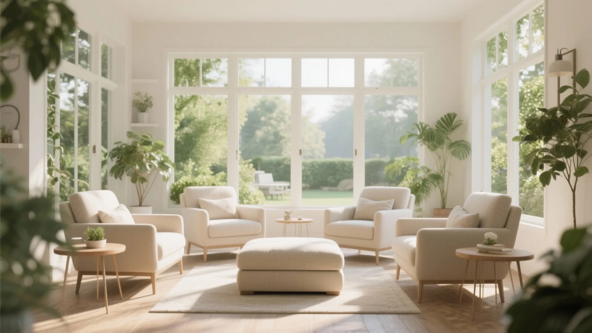 Four chairs angled around an ottoman in a sunroom