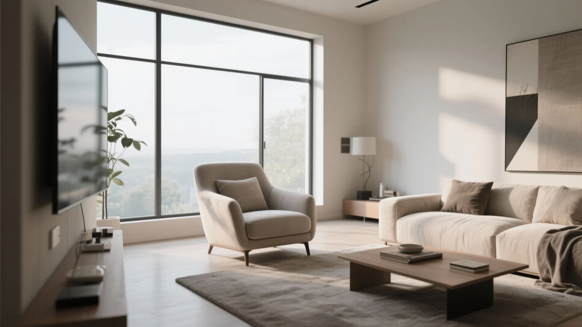 Bright living room with large windows beige sofa coffee table armchair and wall art painting