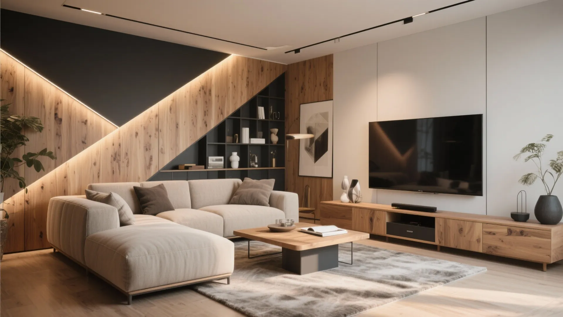 Modern living room with beige sofa wood wall panel television coffee table and large carpet