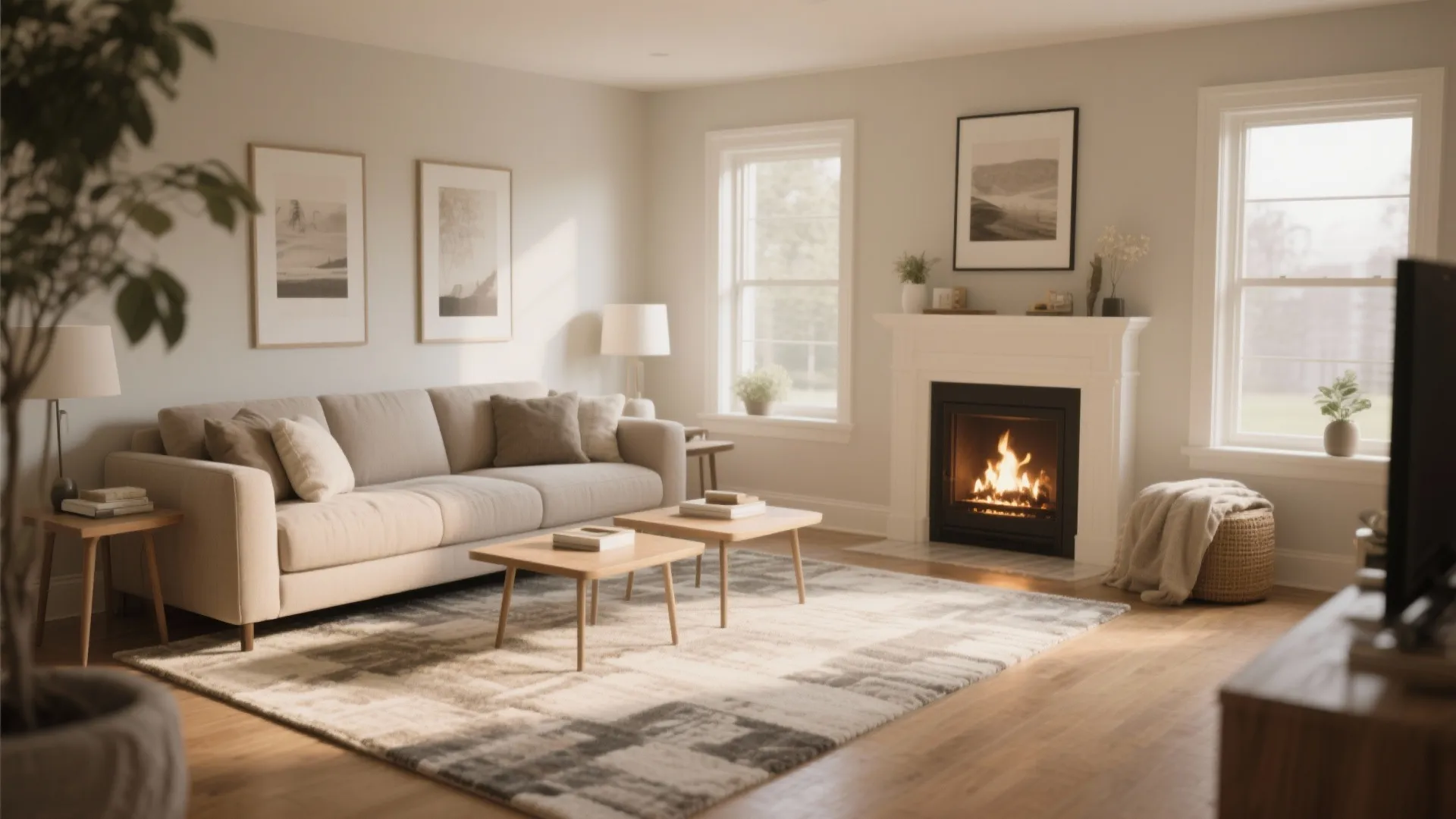 Bright living room featuring beige sofa wooden coffee tables white fireplace art frames and sunlight
