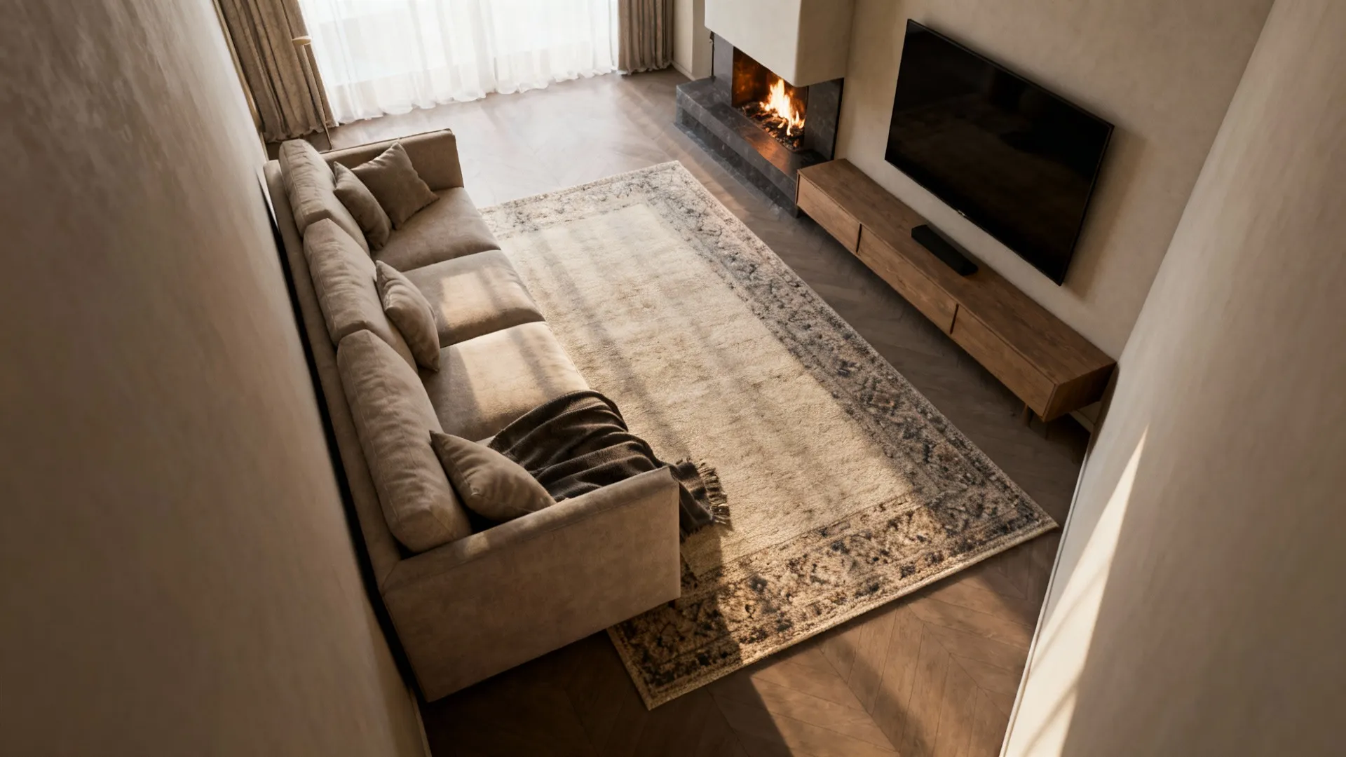 Living room view from above showing a beige sofa rug wood cabinet television and fireplace