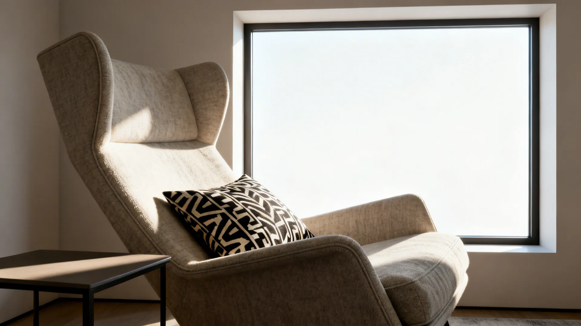 Angled armchair near a window softening the rectangular room lines with natural light highlighting textures.