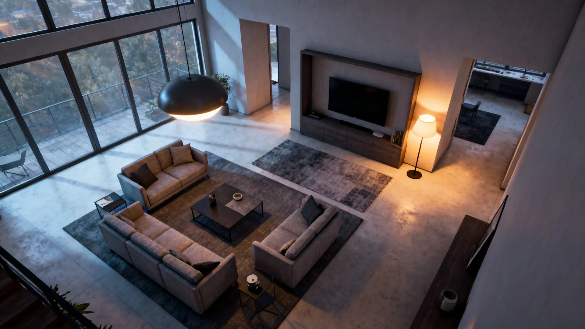 Top-down view of angled furniture and layered lighting creating two distinct seating zones with clear circulation paths.