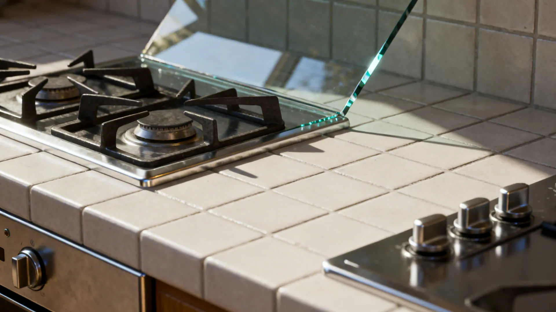 Angled gas hob macro showing tempered glass panel and precise tile geometry