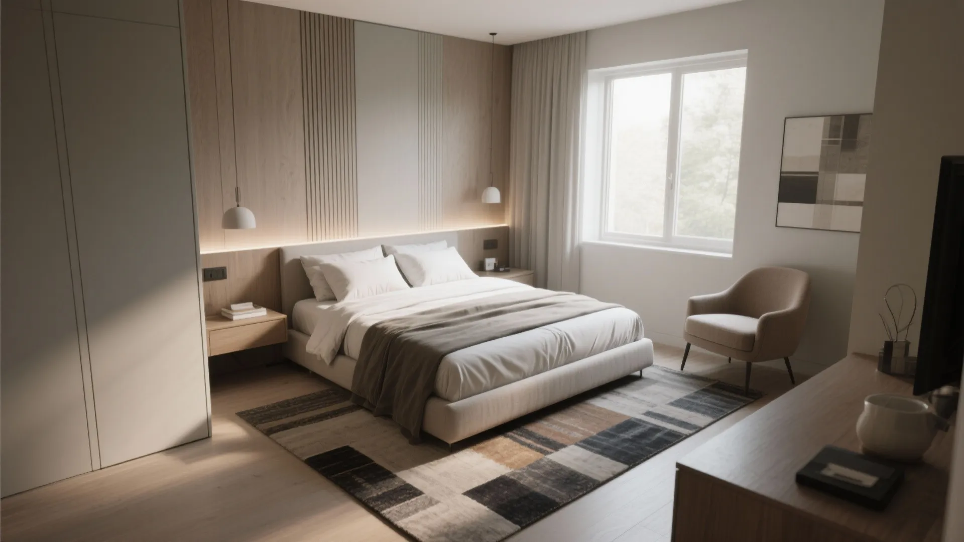 Small room with a king bed placed on the diagonal, layered rug and a cozy seating nook to enhance perceived width.