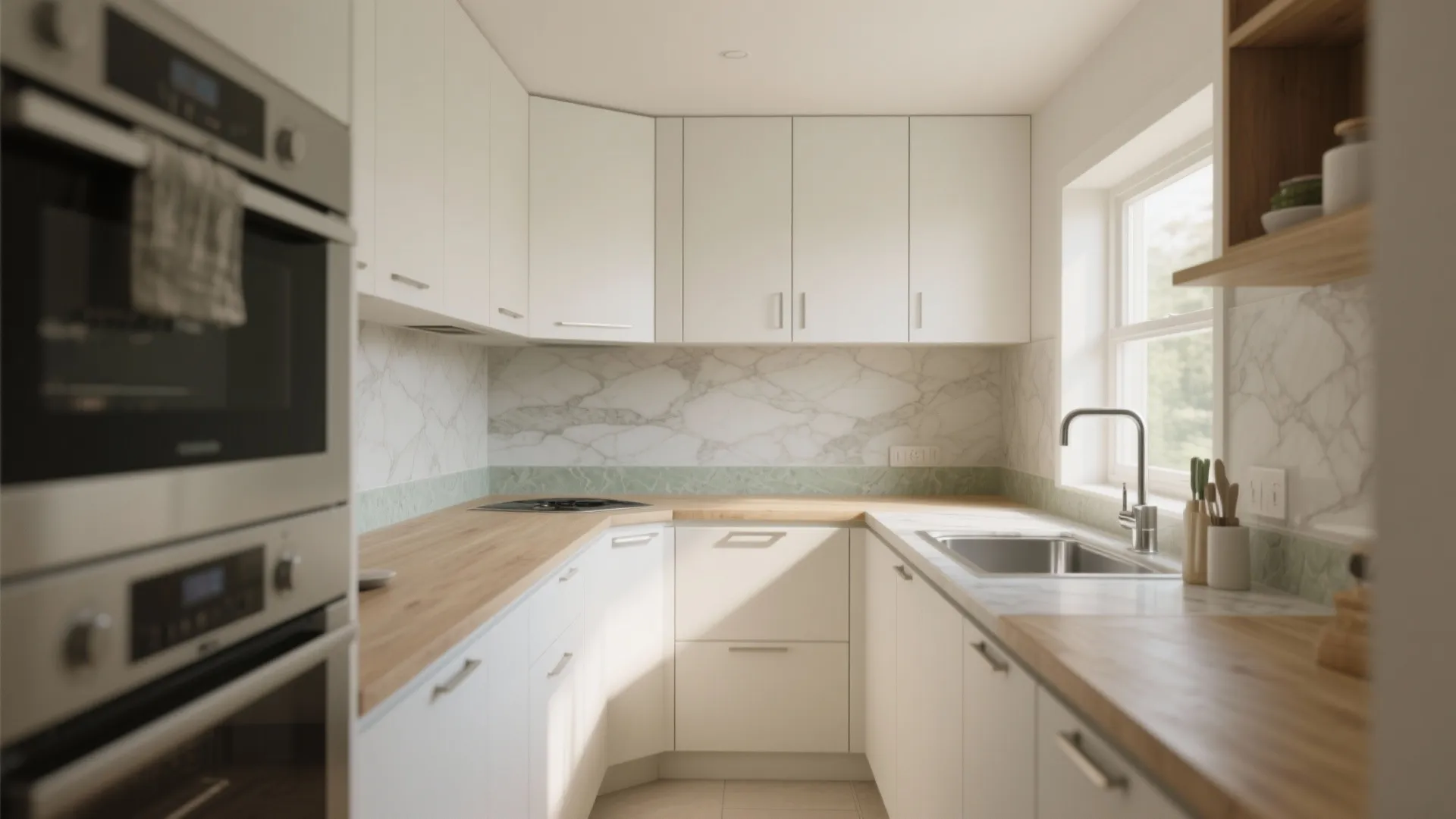 Compact galley kitchen with a 45-degree clipped corner cabinet, widened prep zone, and large-format neutral backsplash.
