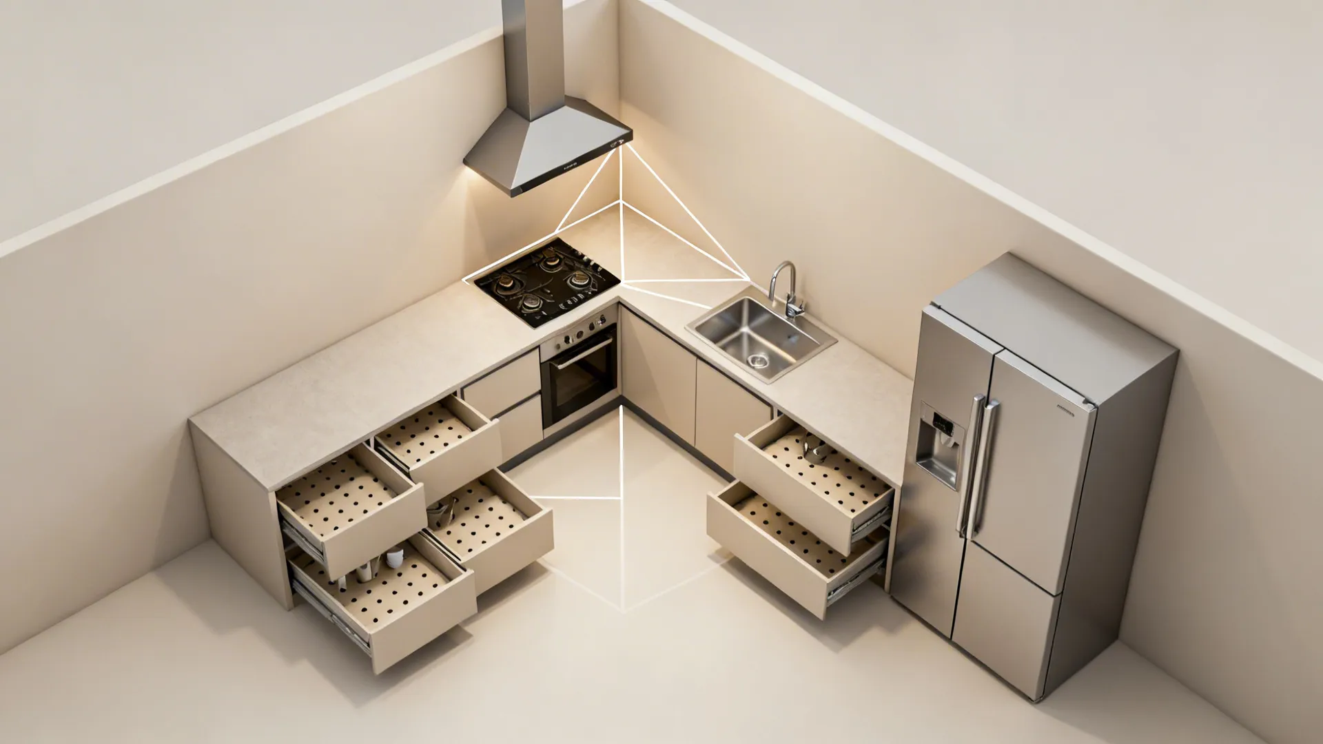 L-shaped kitchen design with beige cabinets, open storage drawers, sink, stove, and a silver fridge